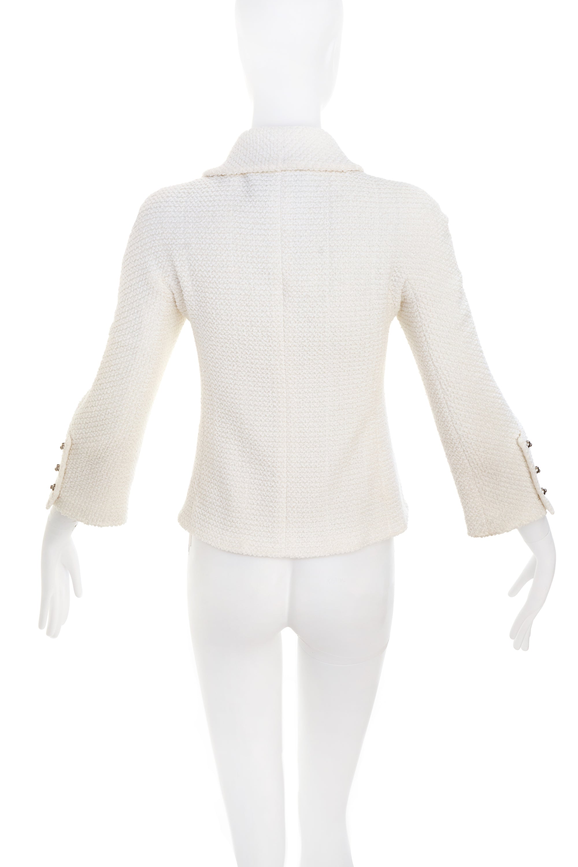 Chanel White Zip Up Jacket with Silver Buttons and Chain Detail