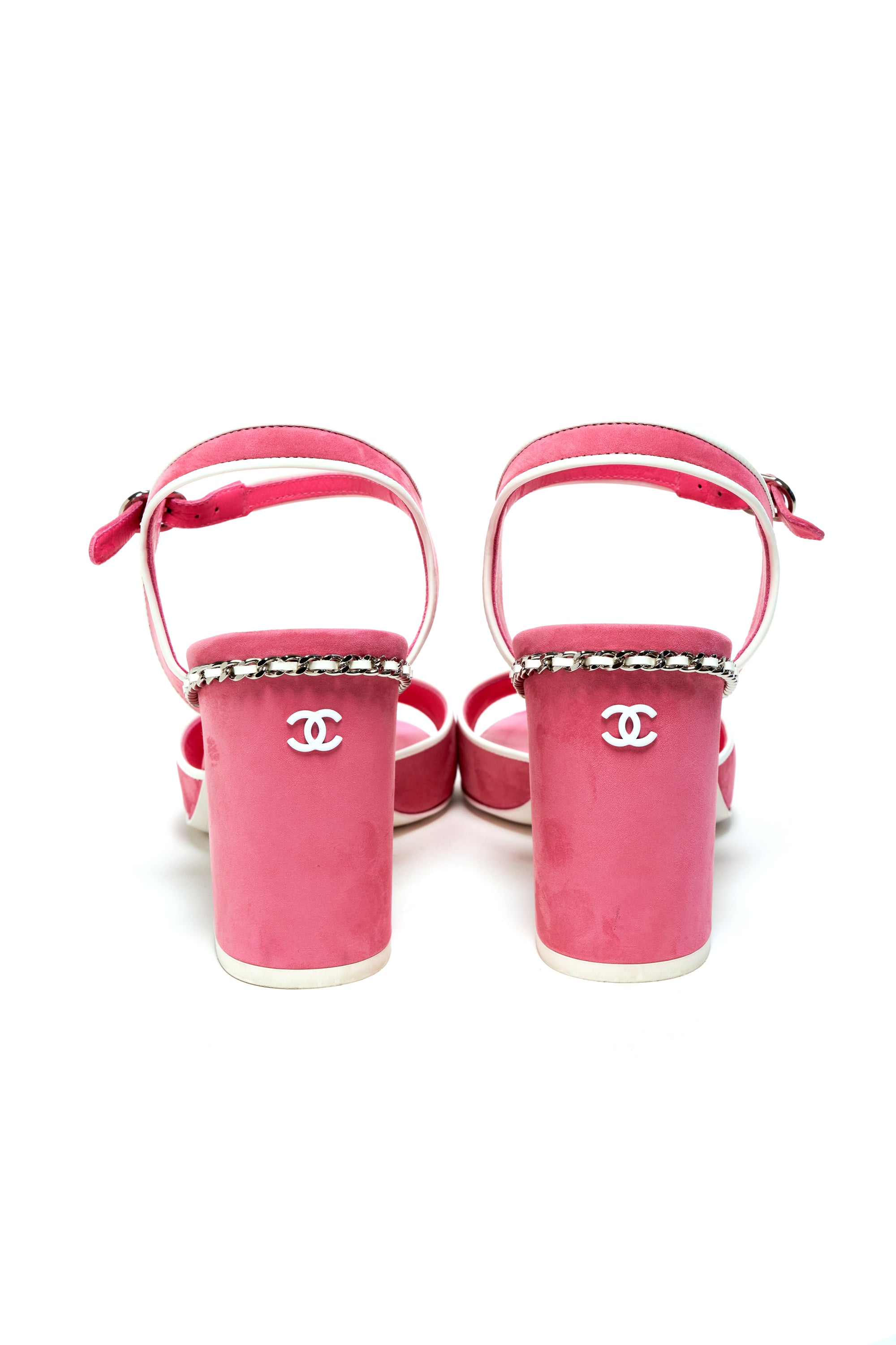 Chanel Pink and White Block Heel Sandals size 40