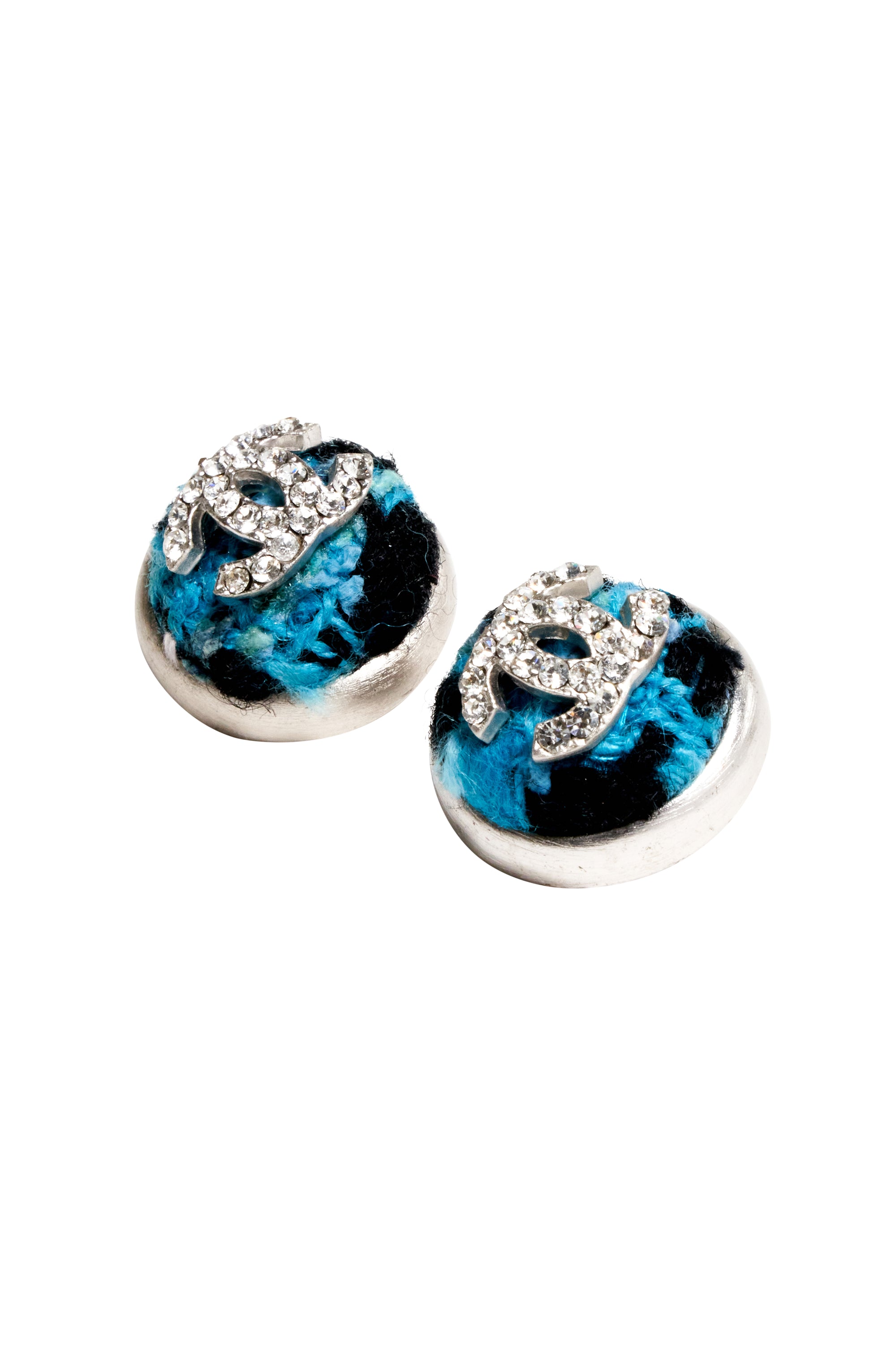 Chanel Blue and Black Tweed Silver Crystal Clip Earrings 07A