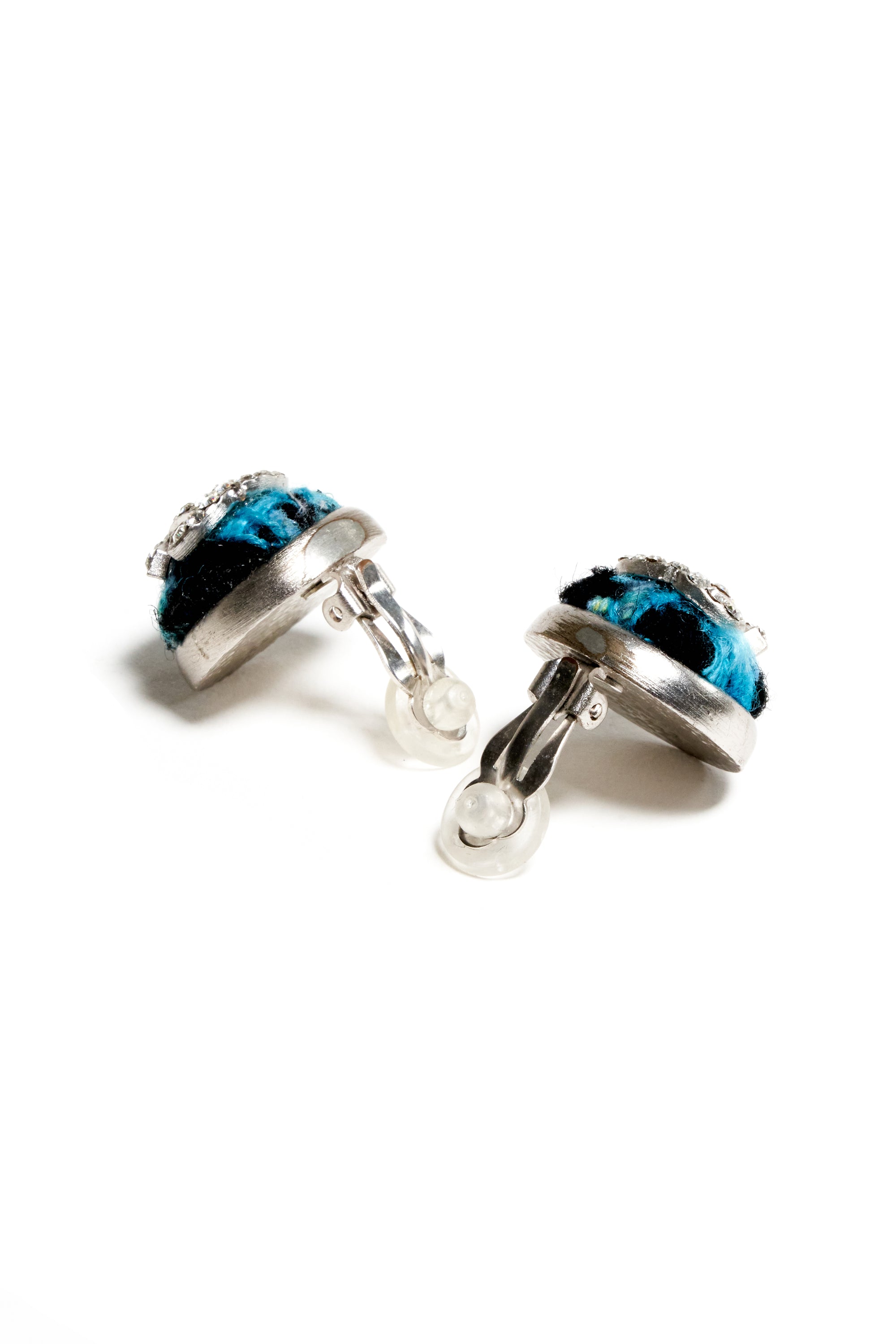 Chanel Blue and Black Tweed Silver Crystal Clip Earrings 07A