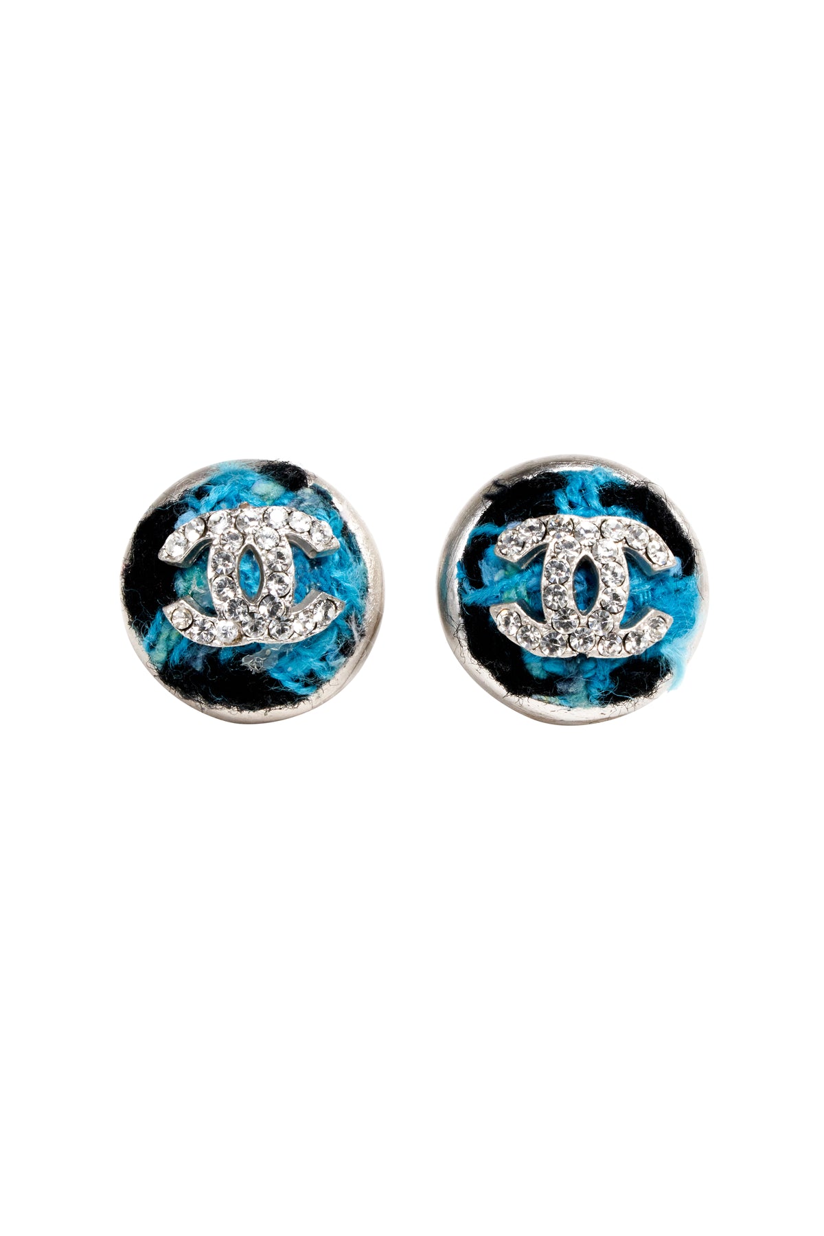 Chanel Blue and Black Tweed Silver Crystal Clip Earrings 07A