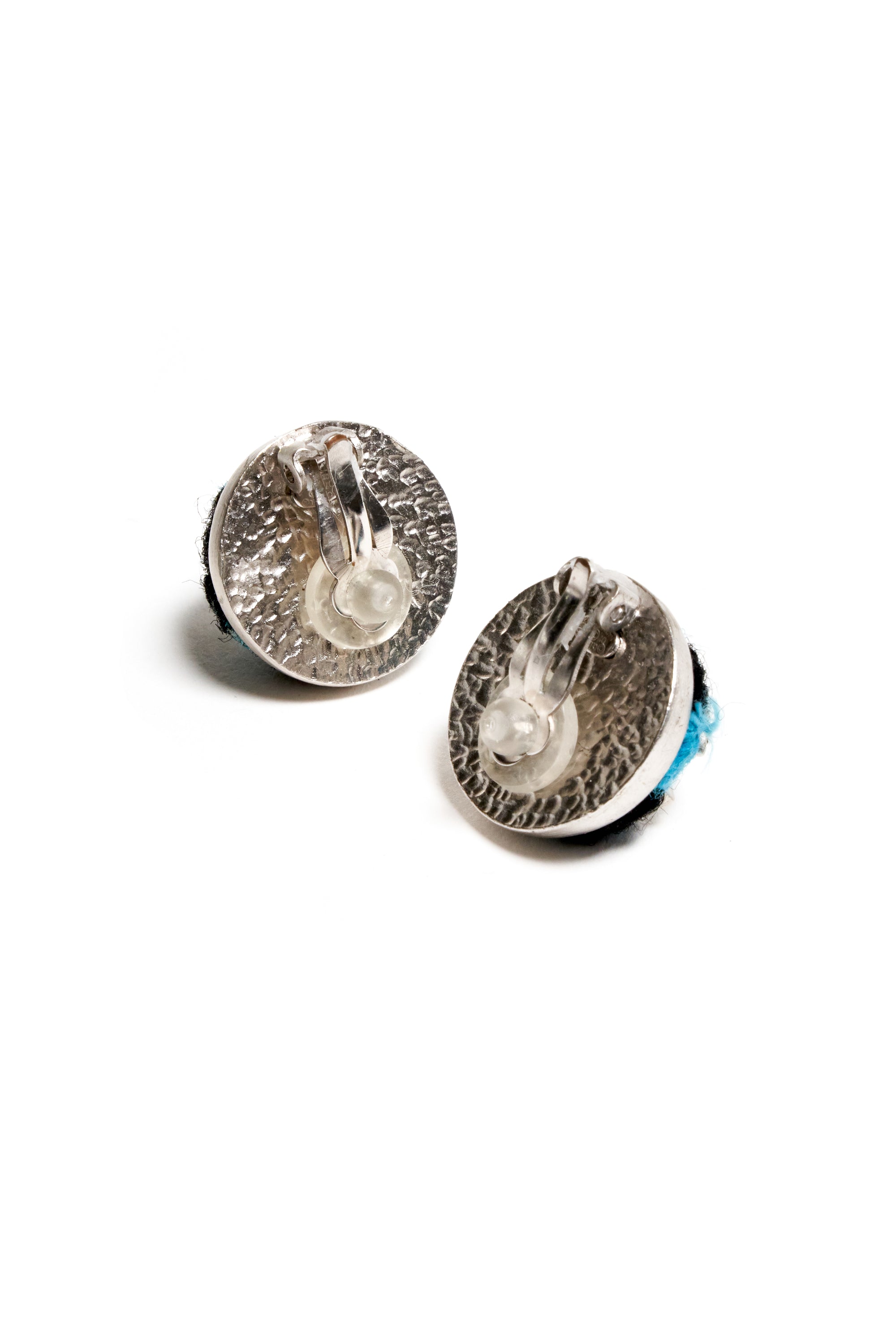 Chanel Blue and Black Tweed Silver Crystal Clip Earrings 07A