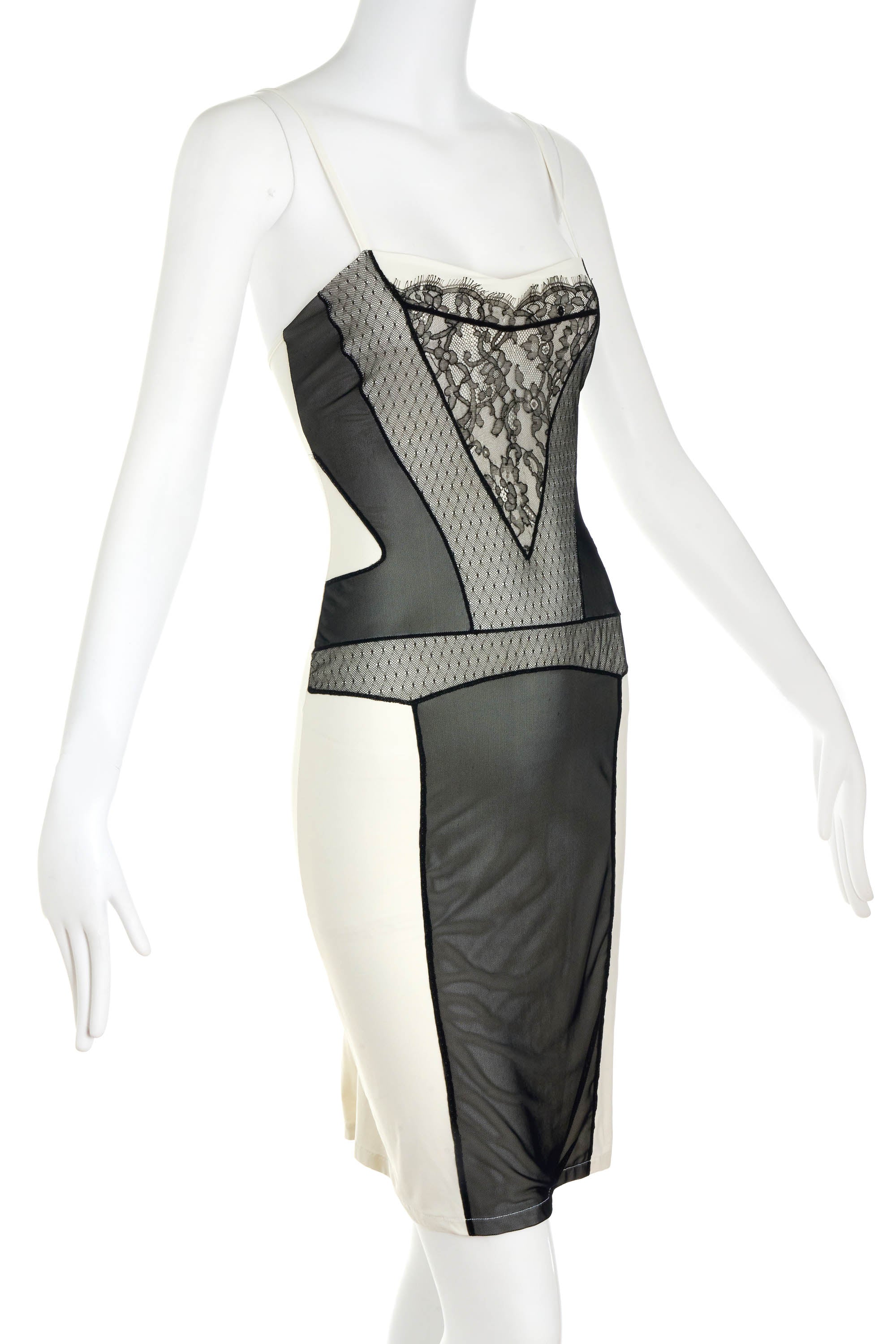 Christian Dior Galliano Black and White Lace Stretch Slip Mini Dress Size 38