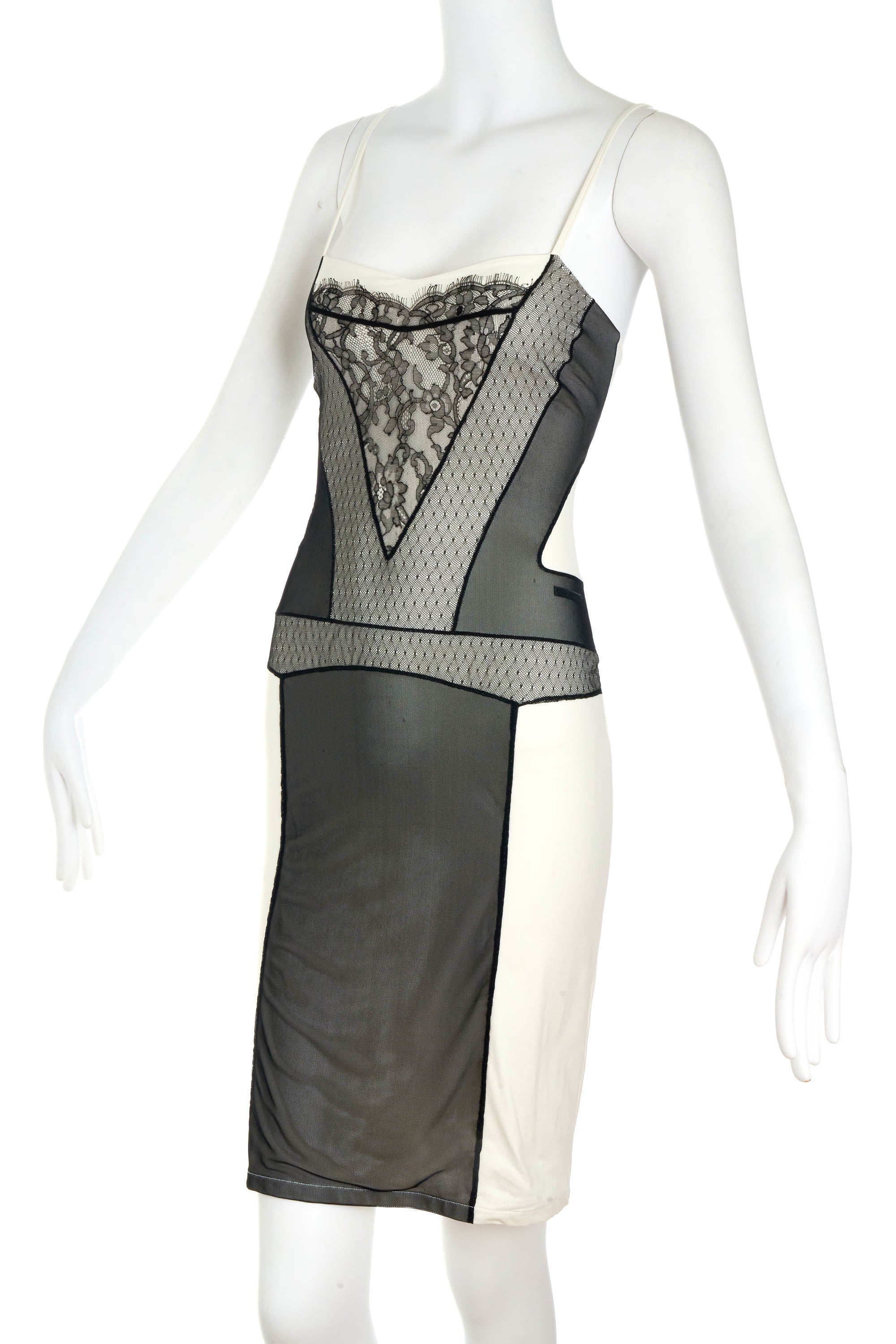 Christian Dior Galliano Black and White Lace Stretch Slip Mini Dress Size 38