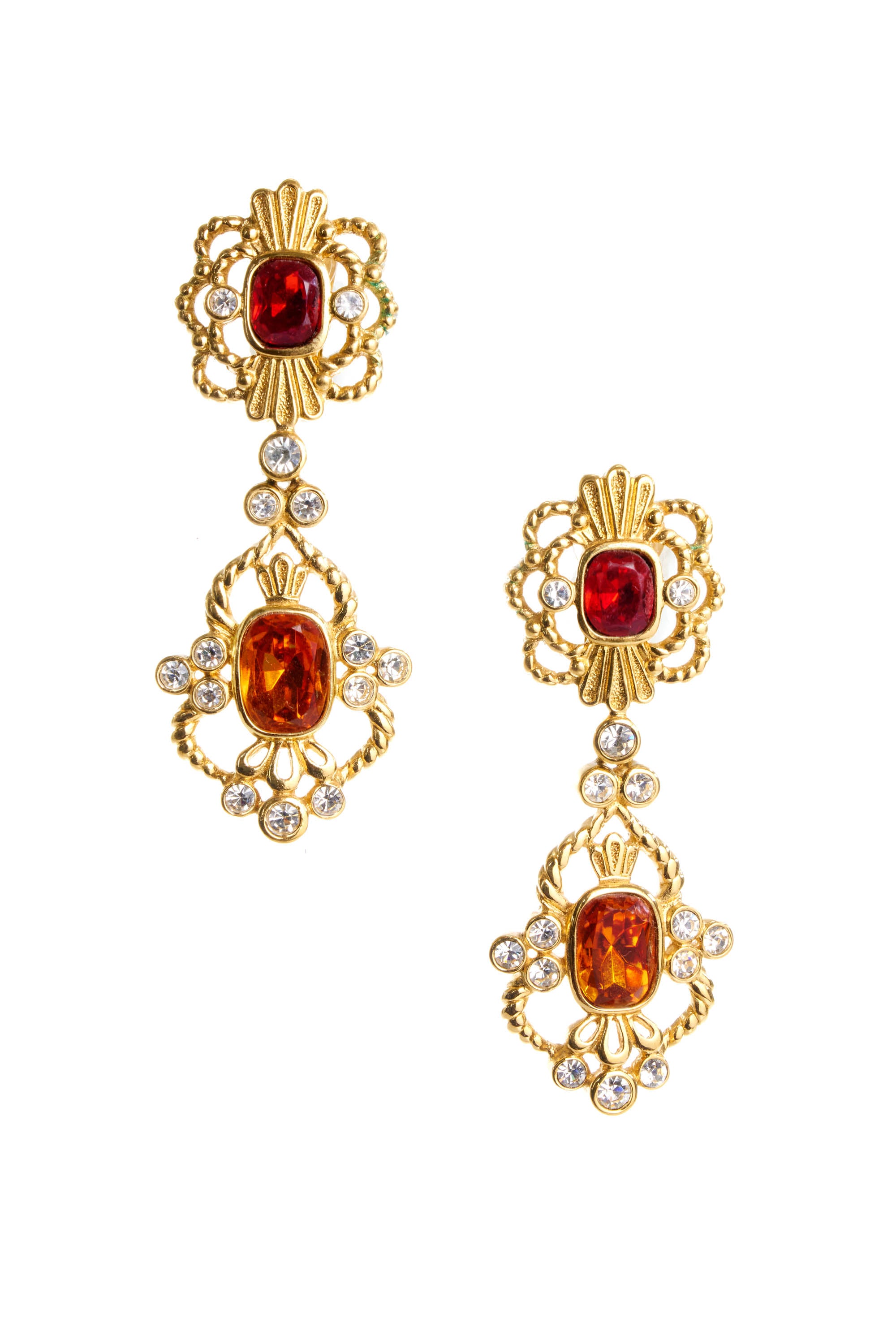 Dior Red and Orange Clip Drop Earrings Gold Hardware