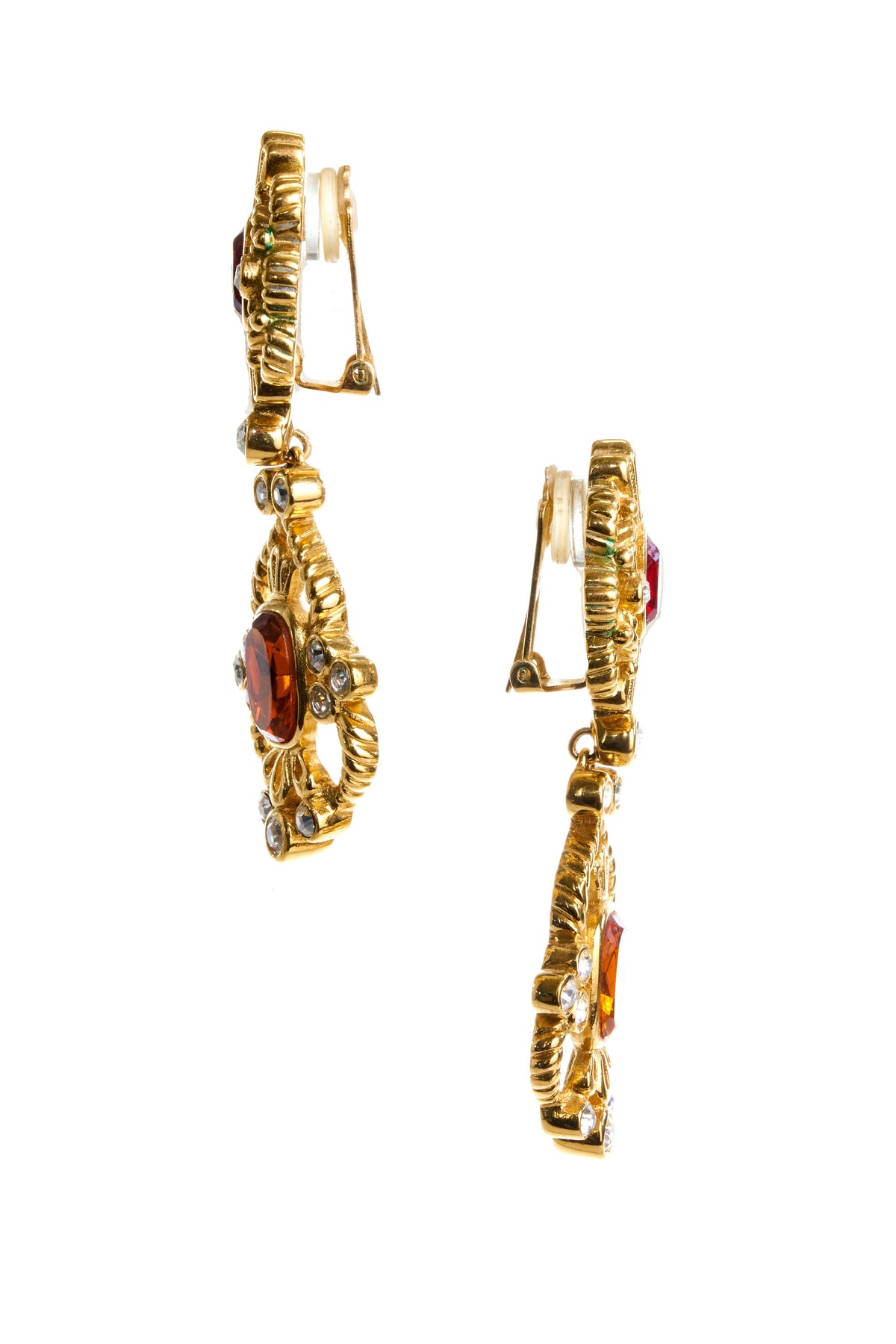 Dior Red and Orange Clip Drop Earrings Gold Hardware