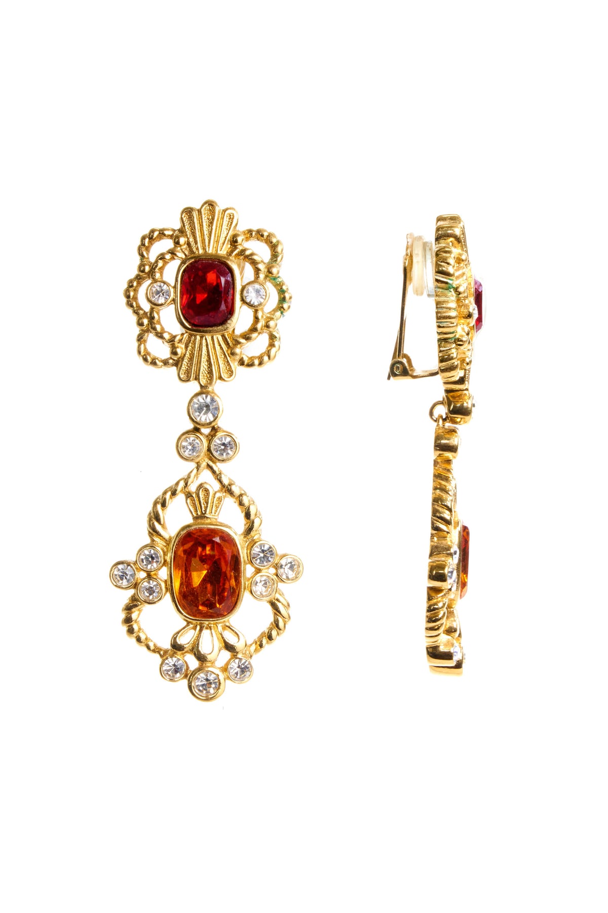 Dior Red and Orange Clip Drop Earrings Gold Hardware