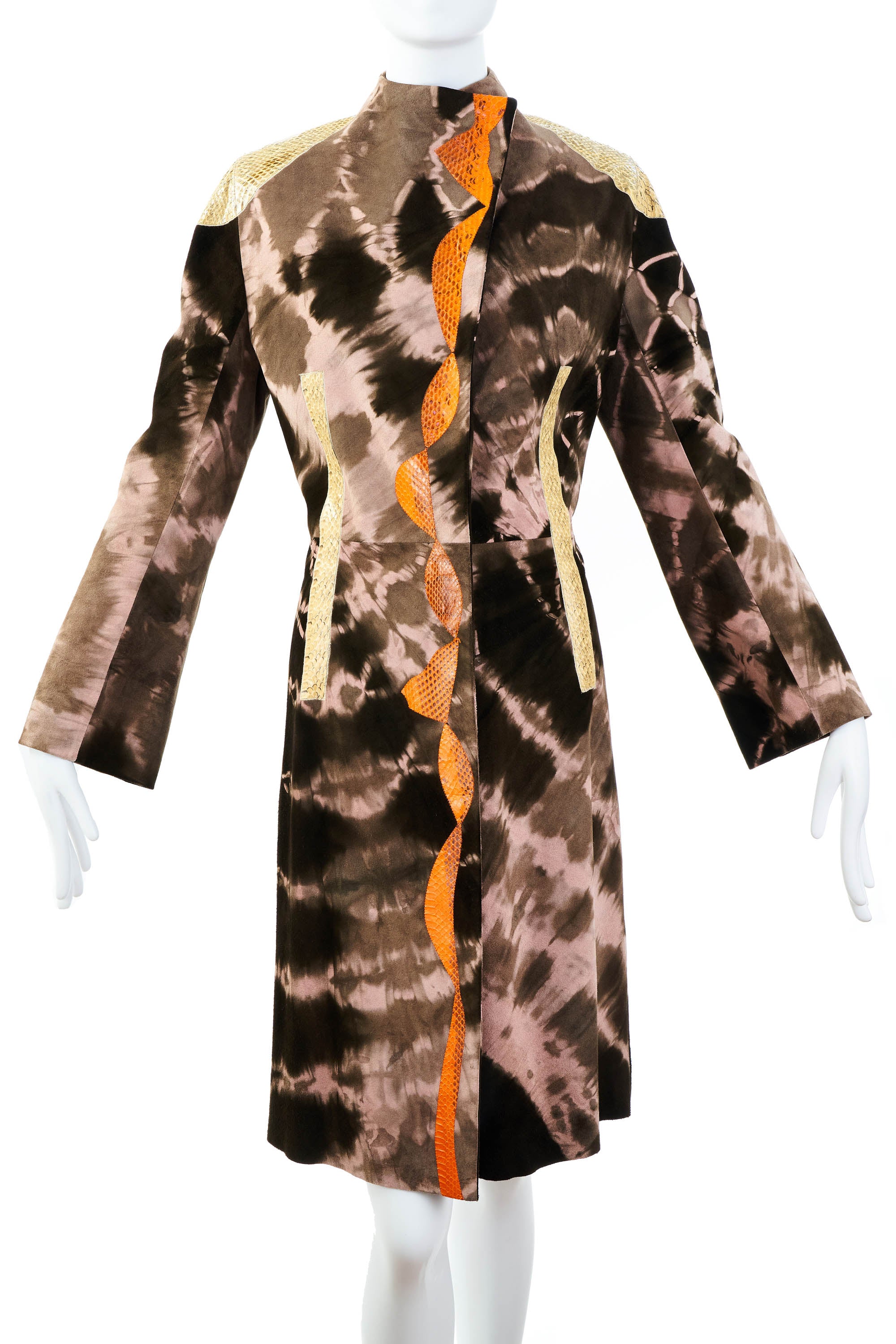 Christian Lacroix Printed Suede Coat With Snake Skin Trim Size 44