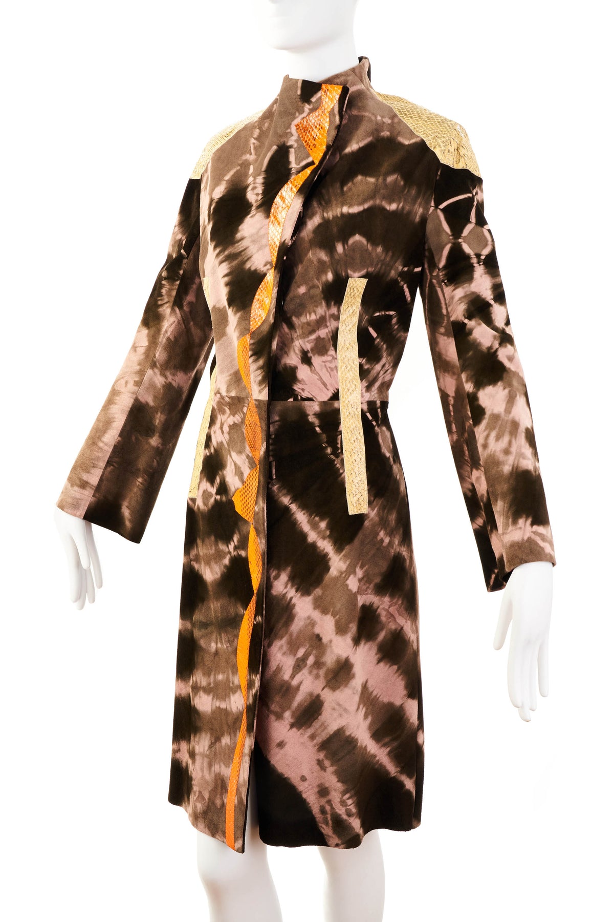 Christian Lacroix Printed Suede Coat With Snake Skin Trim Size 44