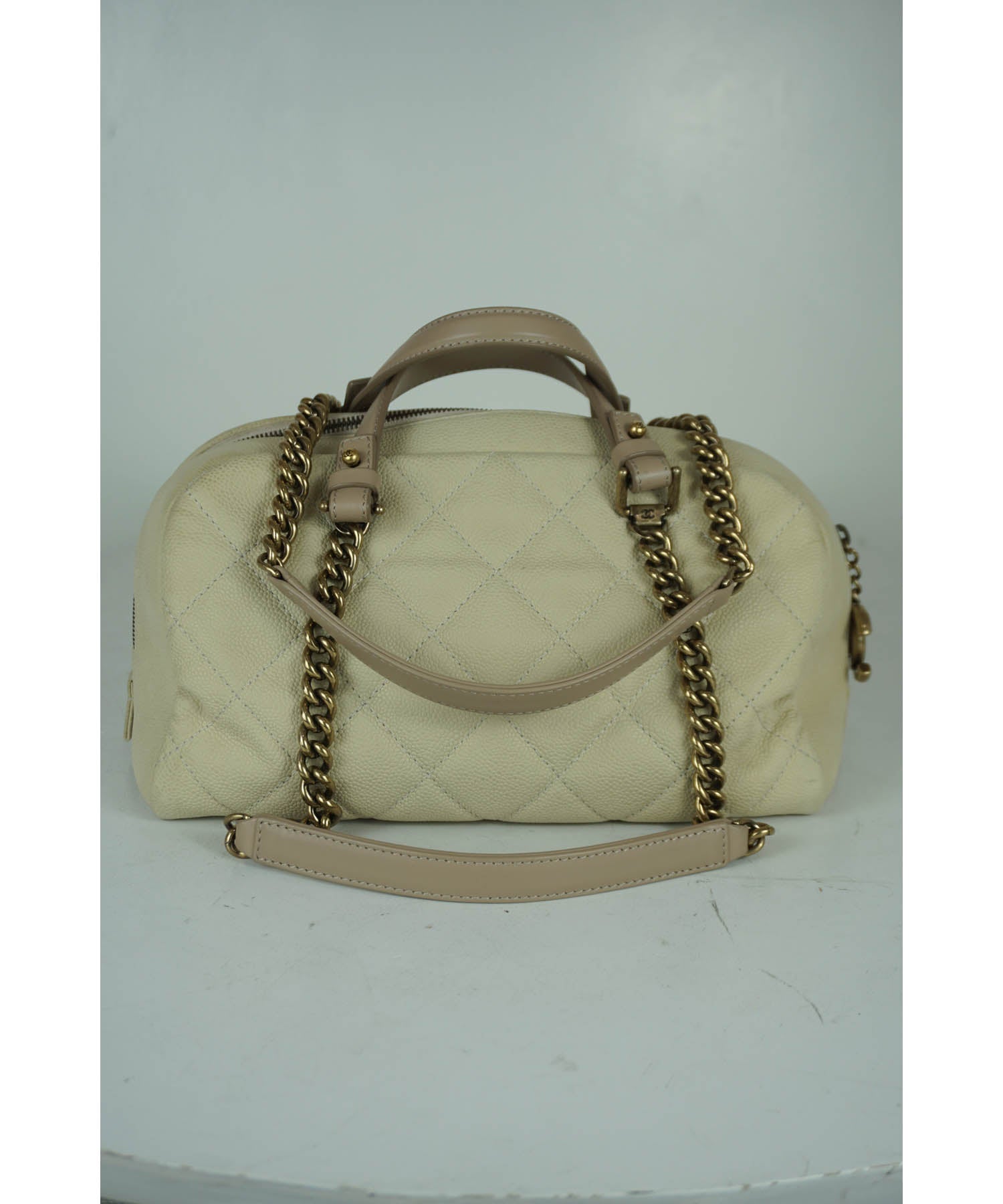 CHANEL CC Quilted Caviar Bowling Bag in Beige