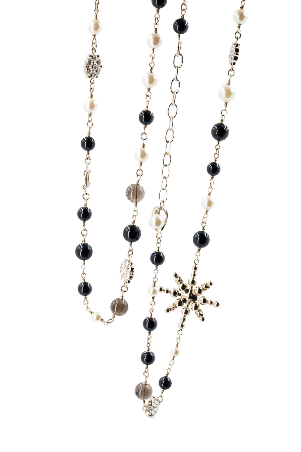 Chanel Gold Tone Black Pearl Crystal Starburst CC Sautoir Necklace 2019
