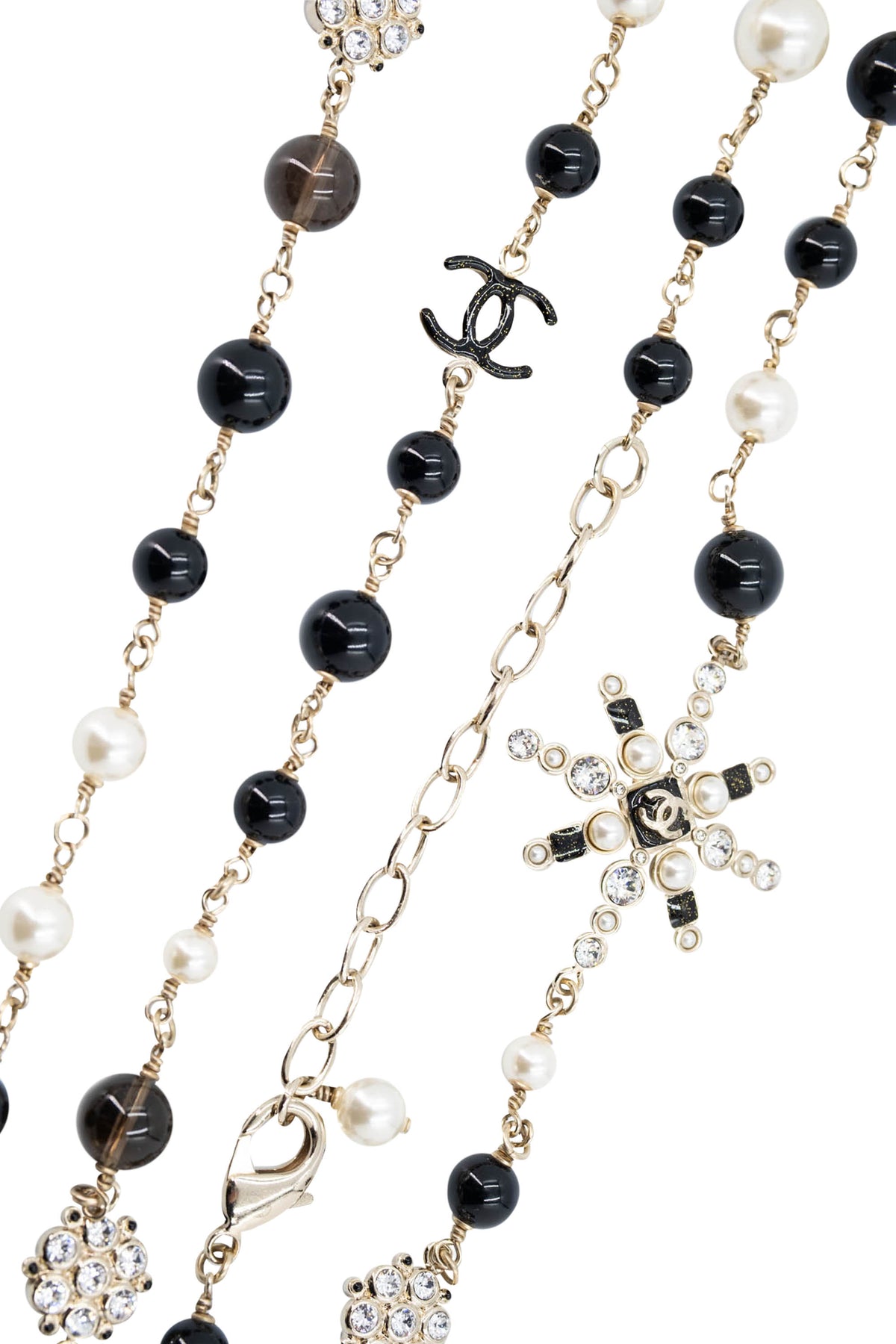 Chanel Gold Tone Black Pearl Crystal Starburst CC Sautoir Necklace 2019