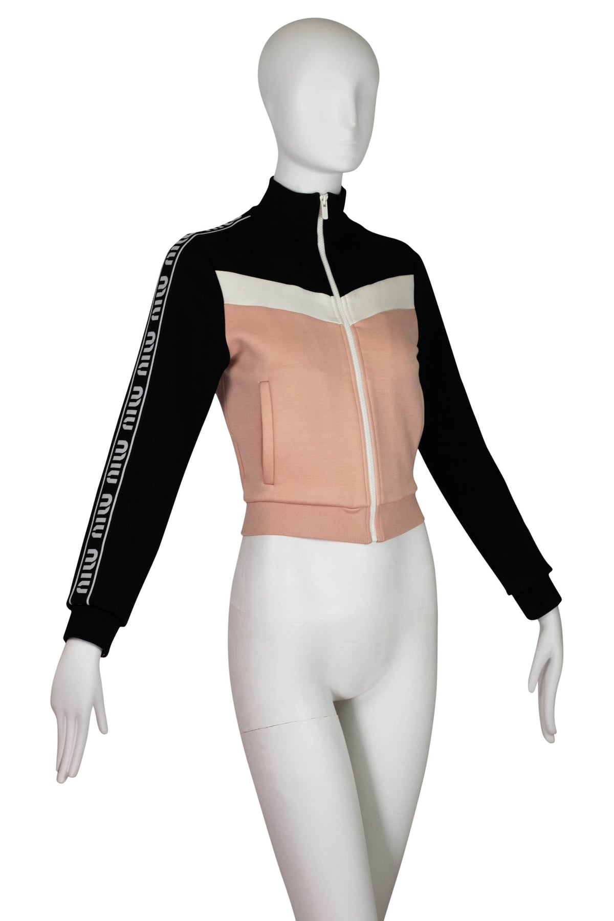 Miu Miu Pink Black White Tech Jersey Zip Jacket Logo Sleeves Size M