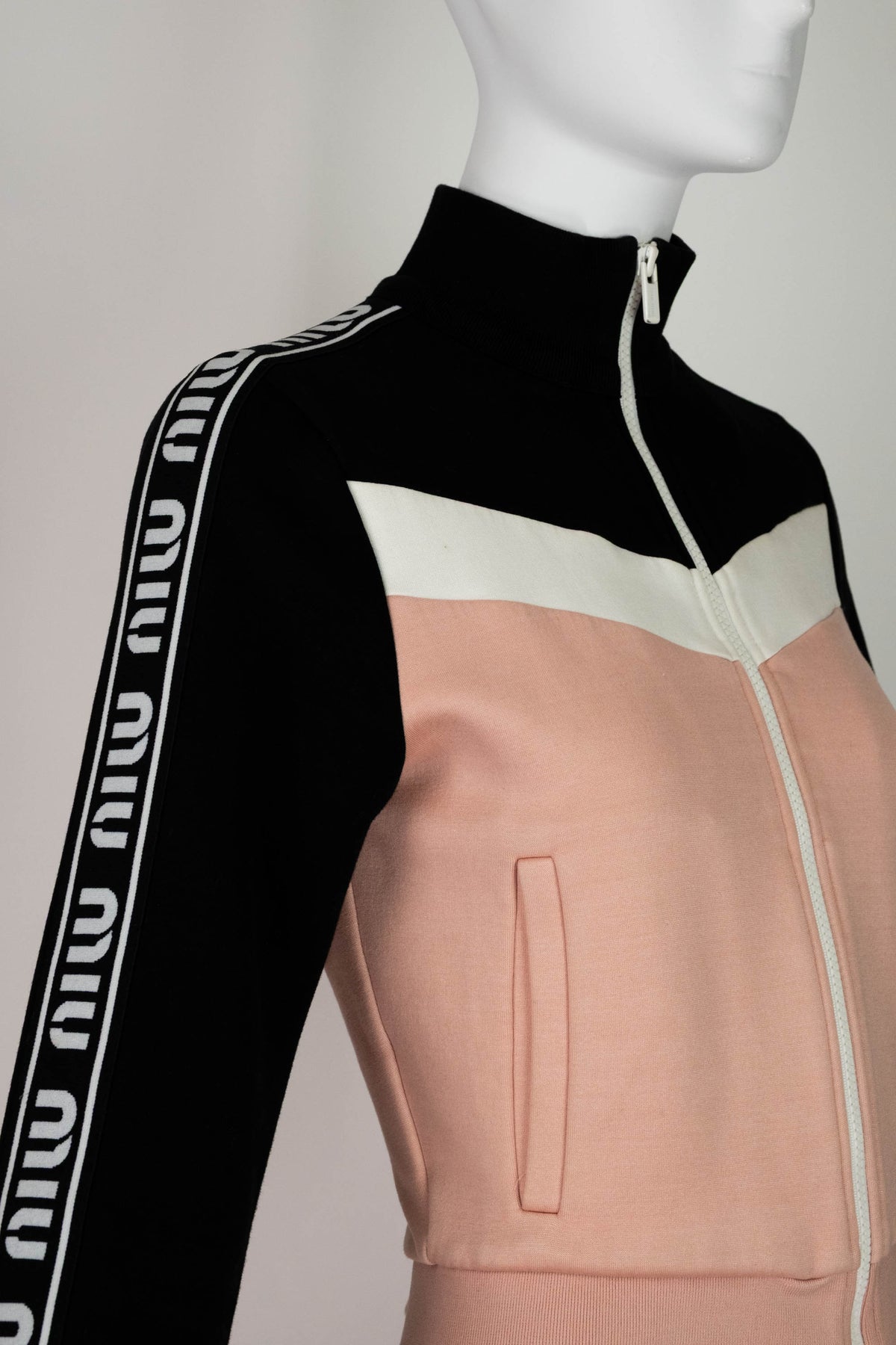 Miu Miu Pink Black White Tech Jersey Zip Jacket Logo Sleeves Size M
