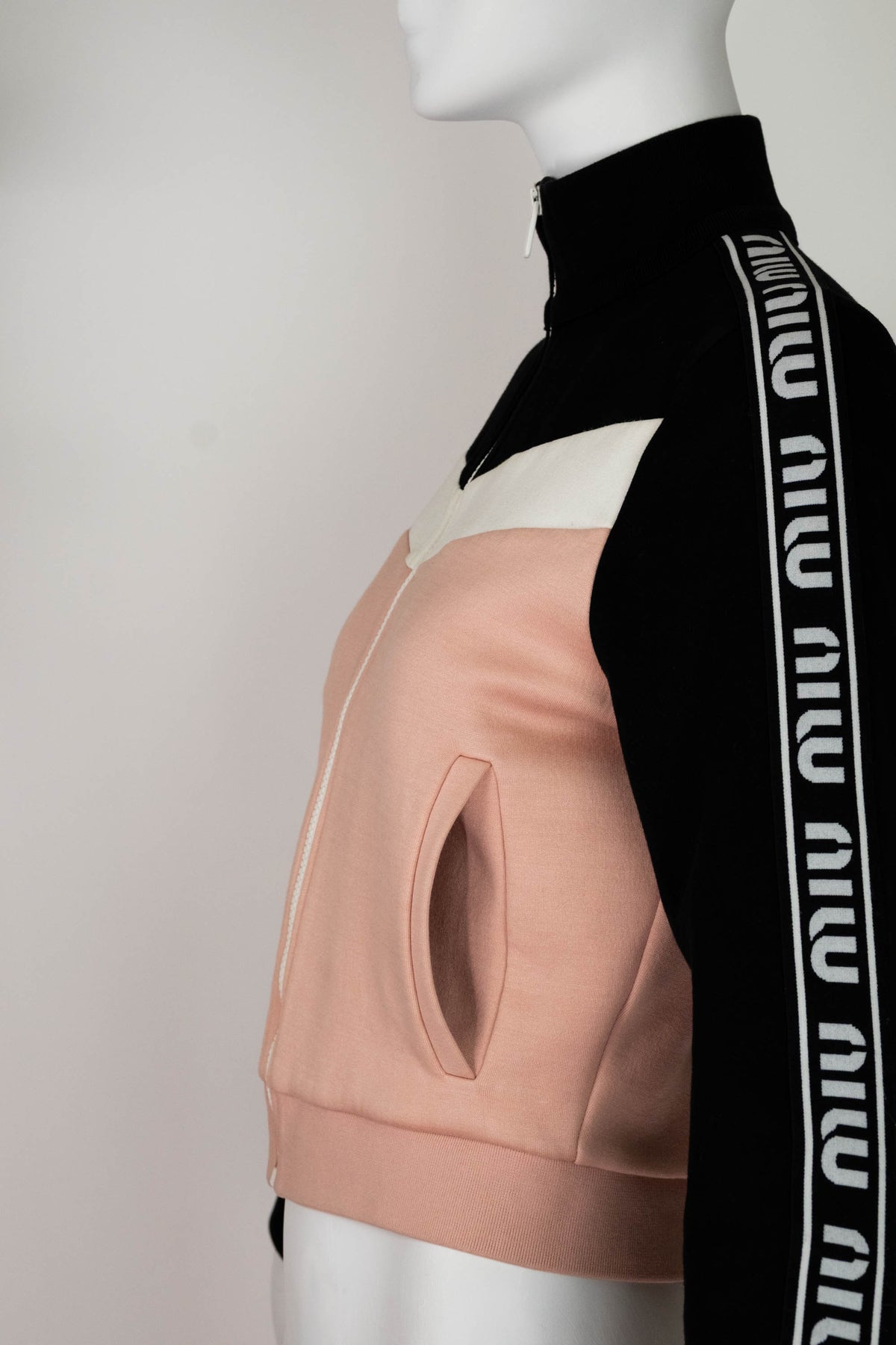 Miu Miu Pink Black White Tech Jersey Zip Jacket Logo Sleeves Size M