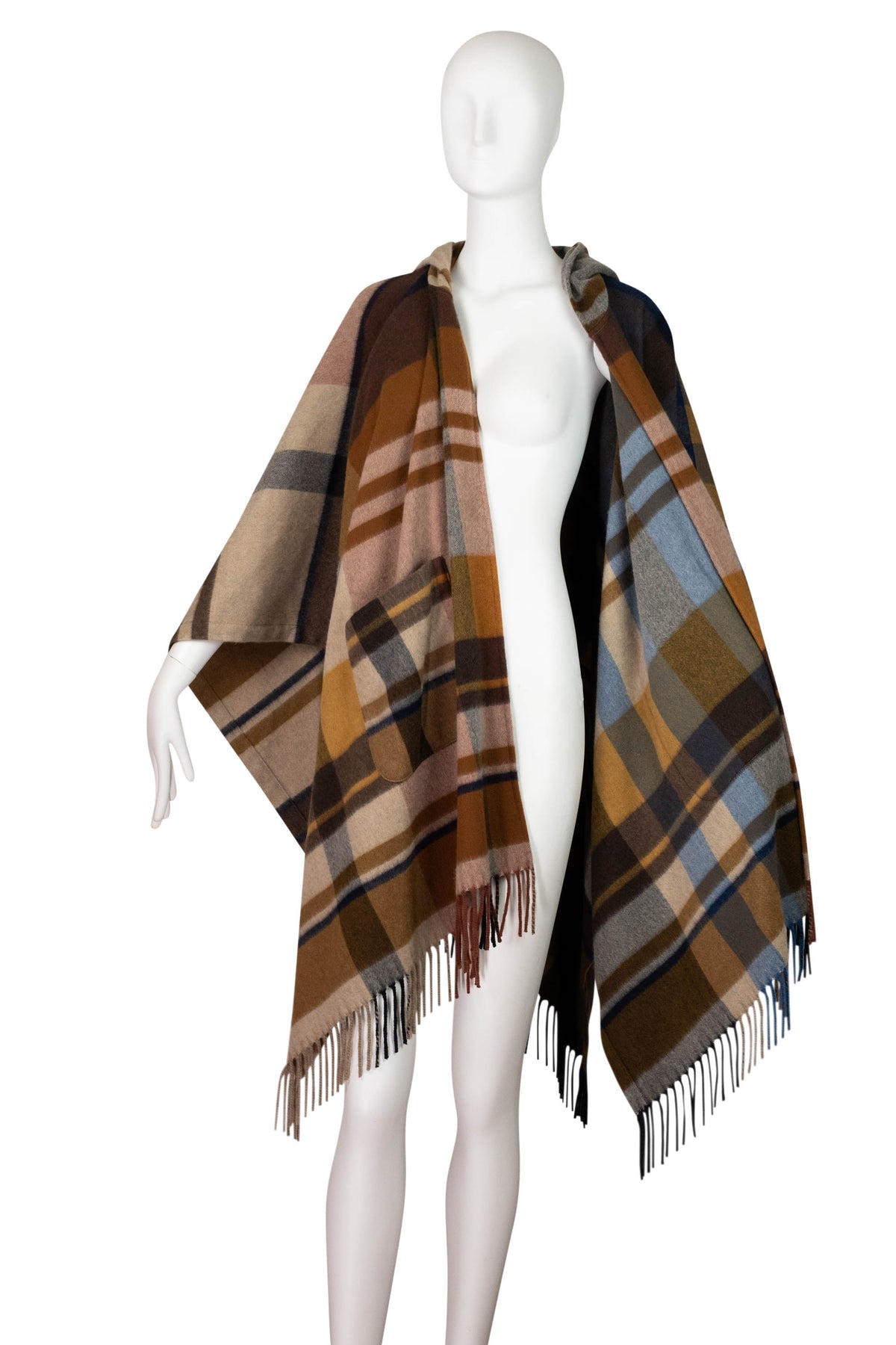 Loro Piana Brown Blue Gray Plaid Hooded Cashmere Cape Size Small