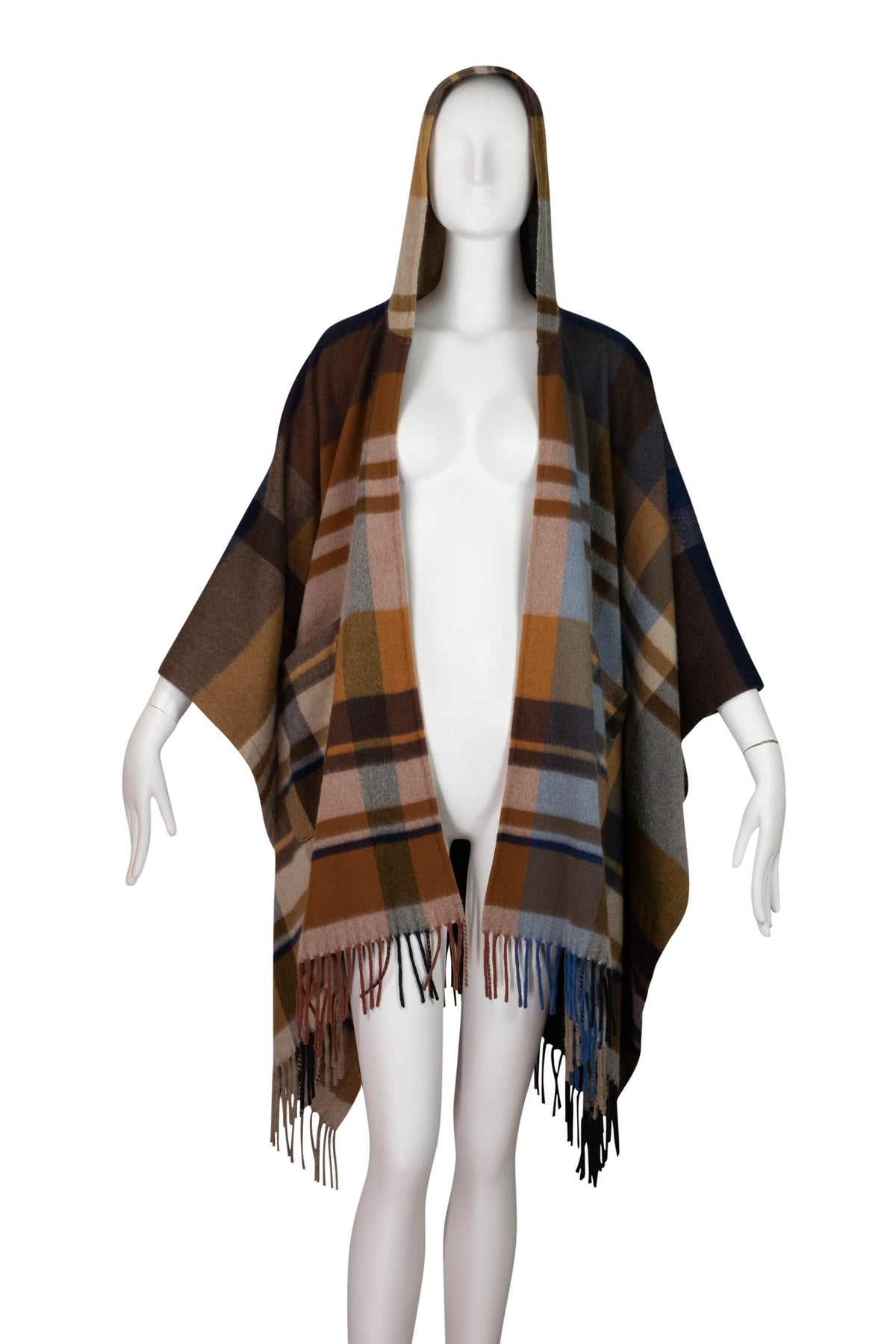 Loro Piana Brown Blue Gray Plaid Hooded Cashmere Cape Size Small