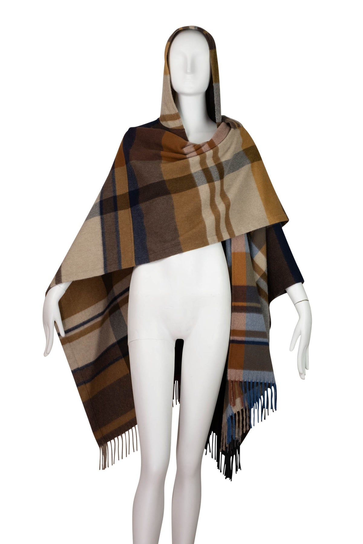 Loro Piana Brown Blue Gray Plaid Hooded Cashmere Cape Size Small