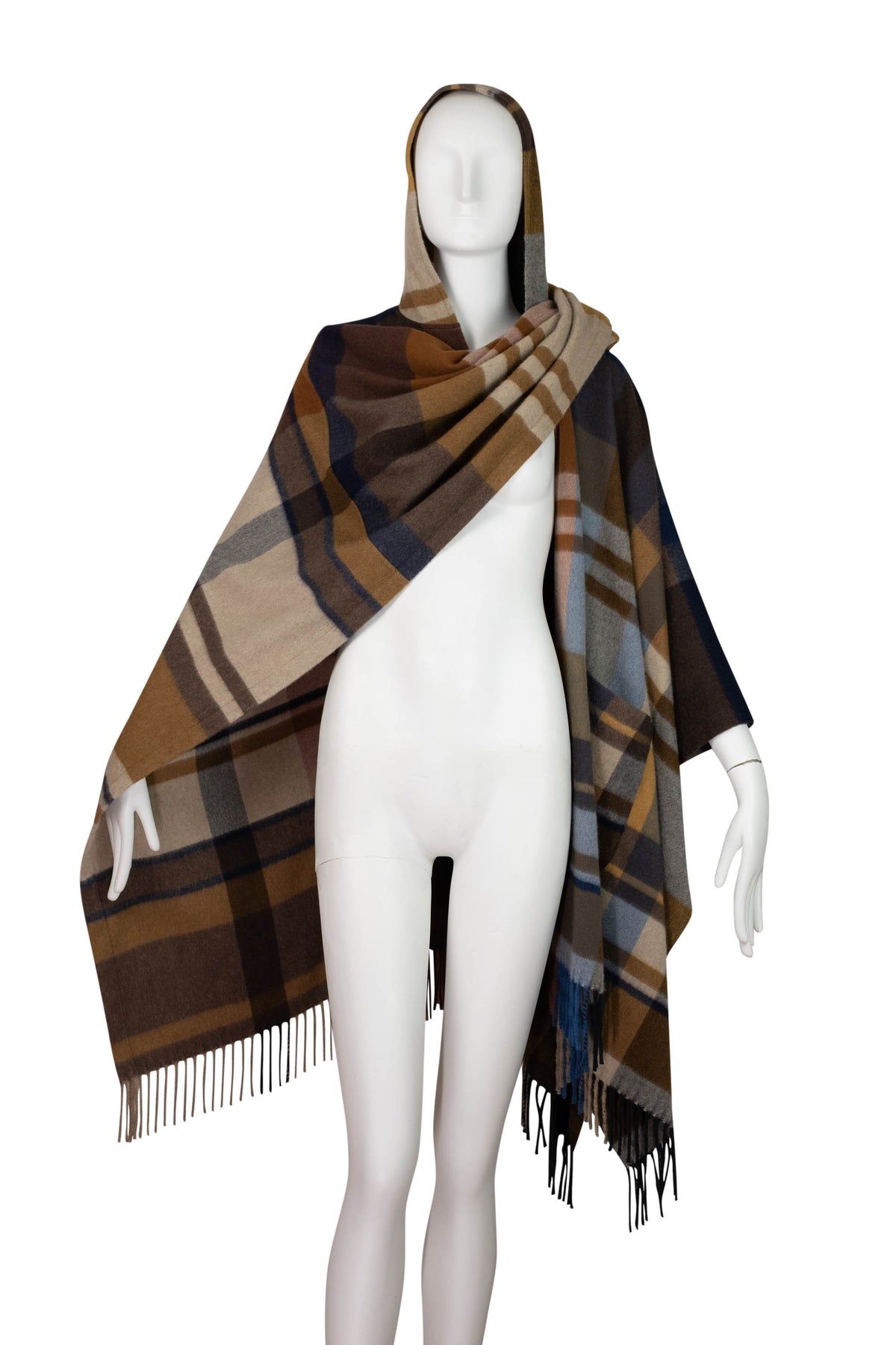 Loro Piana Brown Blue Gray Plaid Hooded Cashmere Cape Size Small
