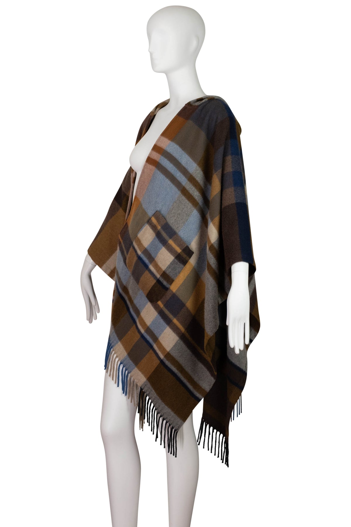 Loro Piana Brown Blue Gray Plaid Hooded Cashmere Cape Size Small
