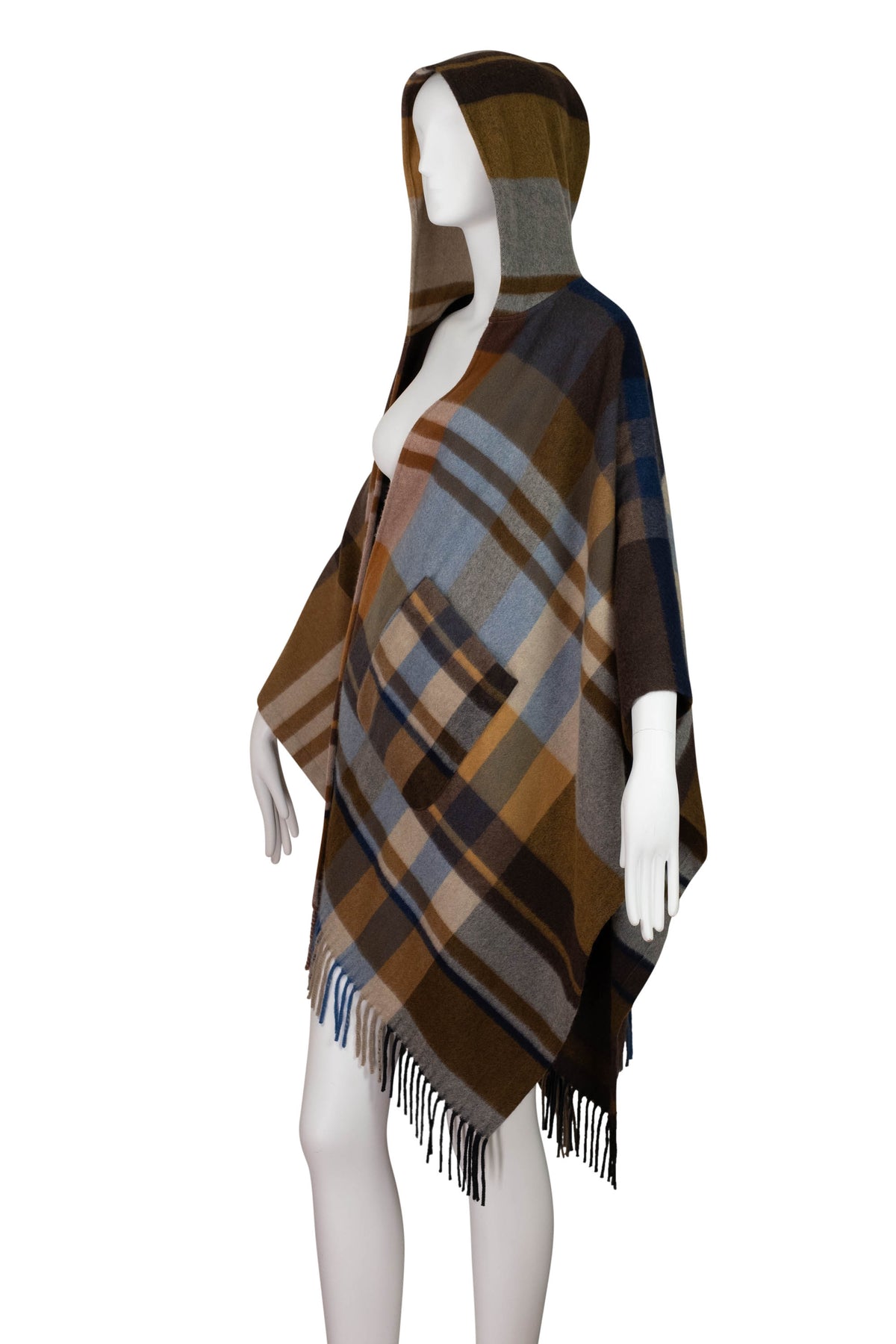 Loro Piana Brown Blue Gray Plaid Hooded Cashmere Cape Size Small