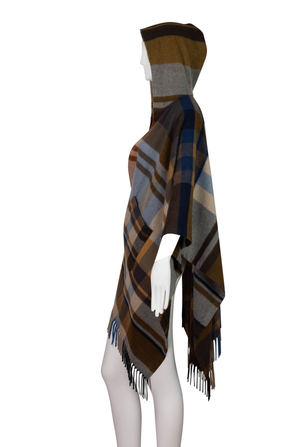 Loro Piana Brown Blue Gray Plaid Hooded Cashmere Cape Size Small