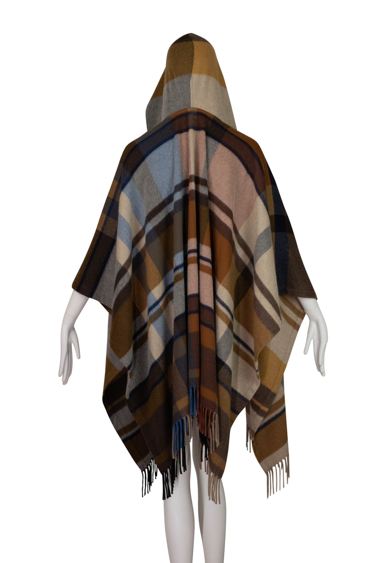 Loro Piana Brown Blue Gray Plaid Hooded Cashmere Cape Size Small