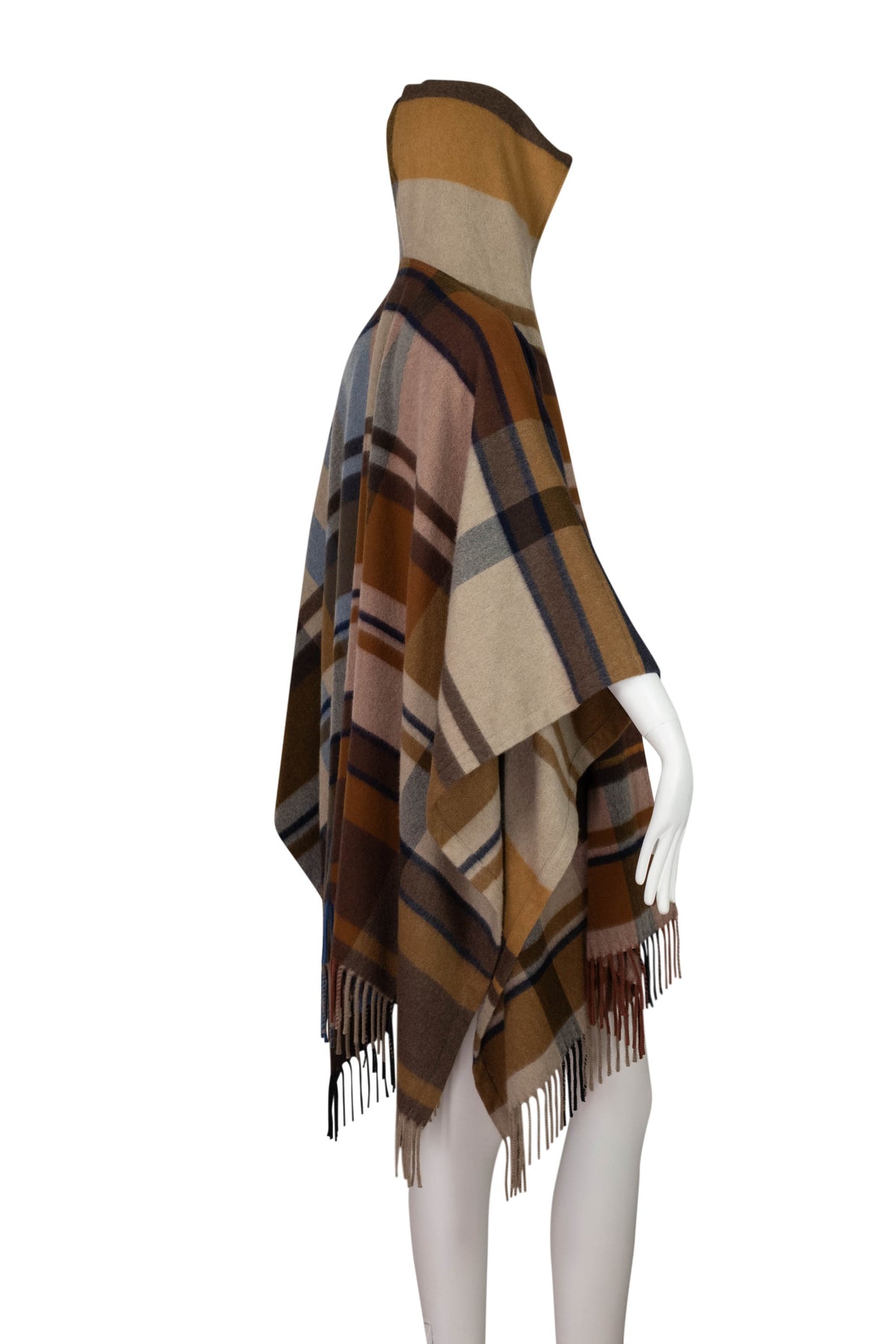 Loro Piana Brown Blue Gray Plaid Hooded Cashmere Cape Size Small