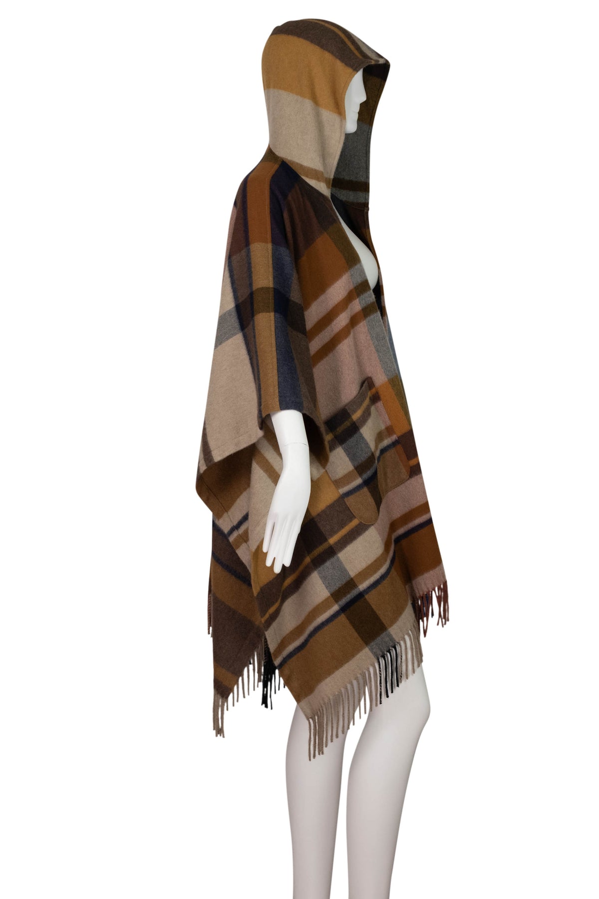 Loro Piana Brown Blue Gray Plaid Hooded Cashmere Cape Size Small