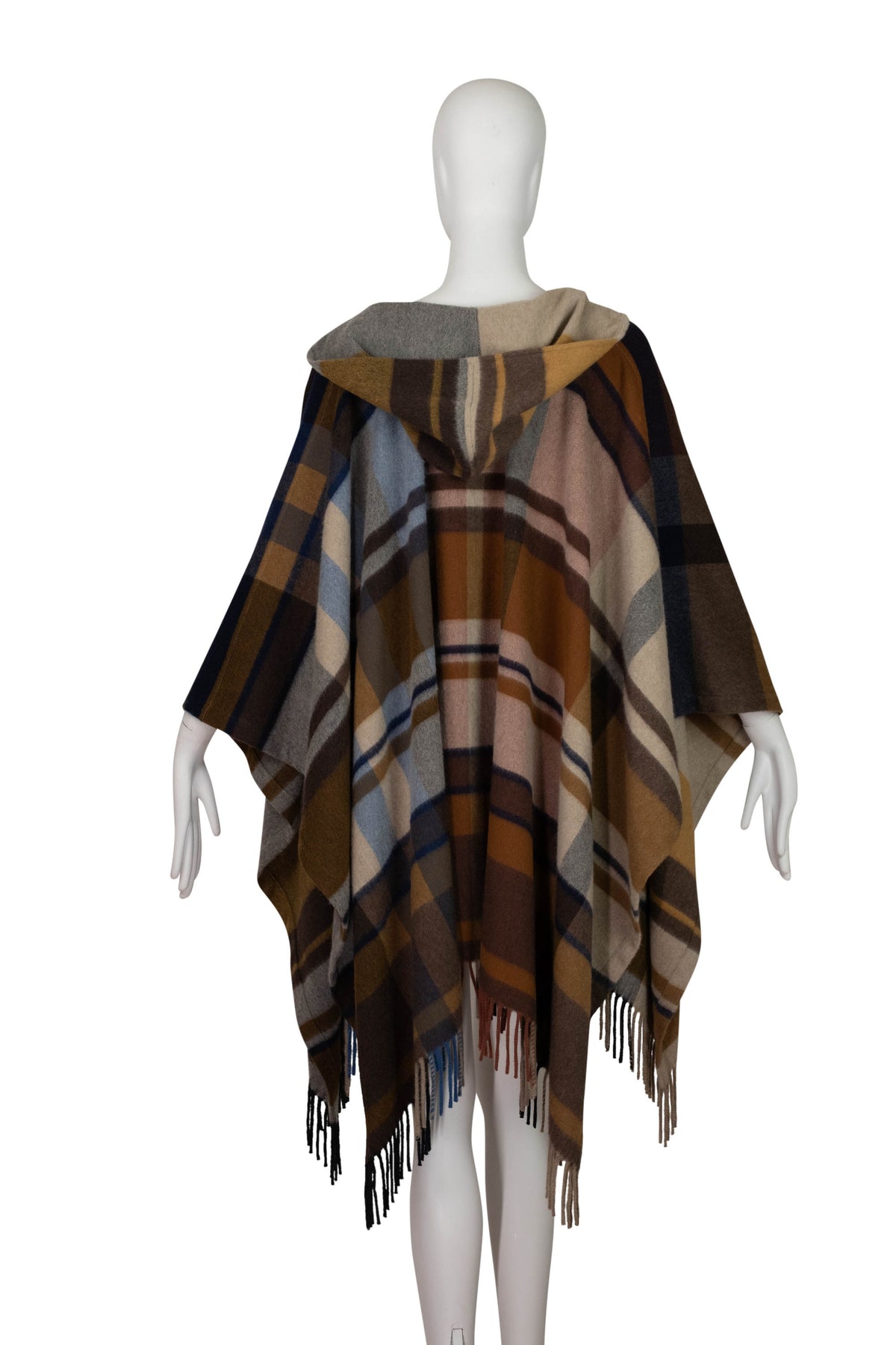 Loro Piana Brown Blue Gray Plaid Hooded Cashmere Cape Size Small