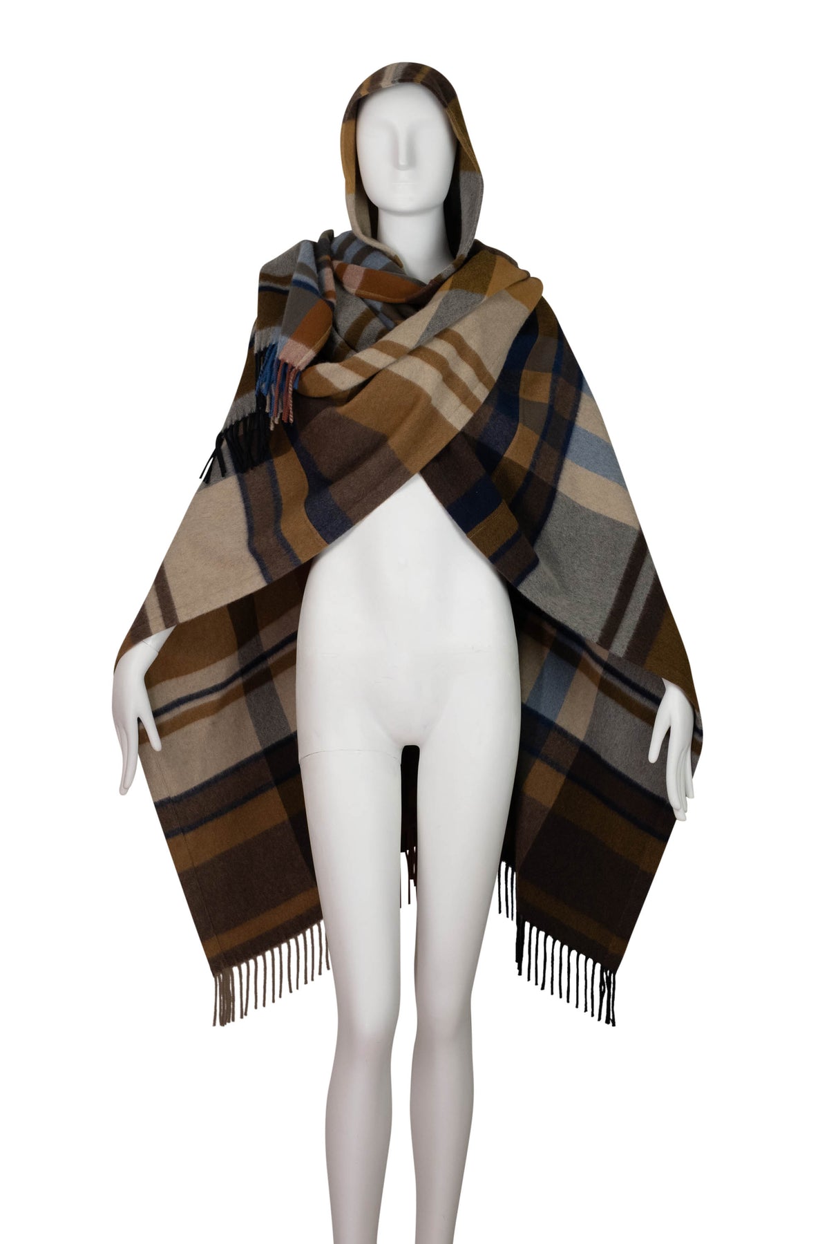Loro Piana Brown Blue Gray Plaid Hooded Cashmere Cape Size Small