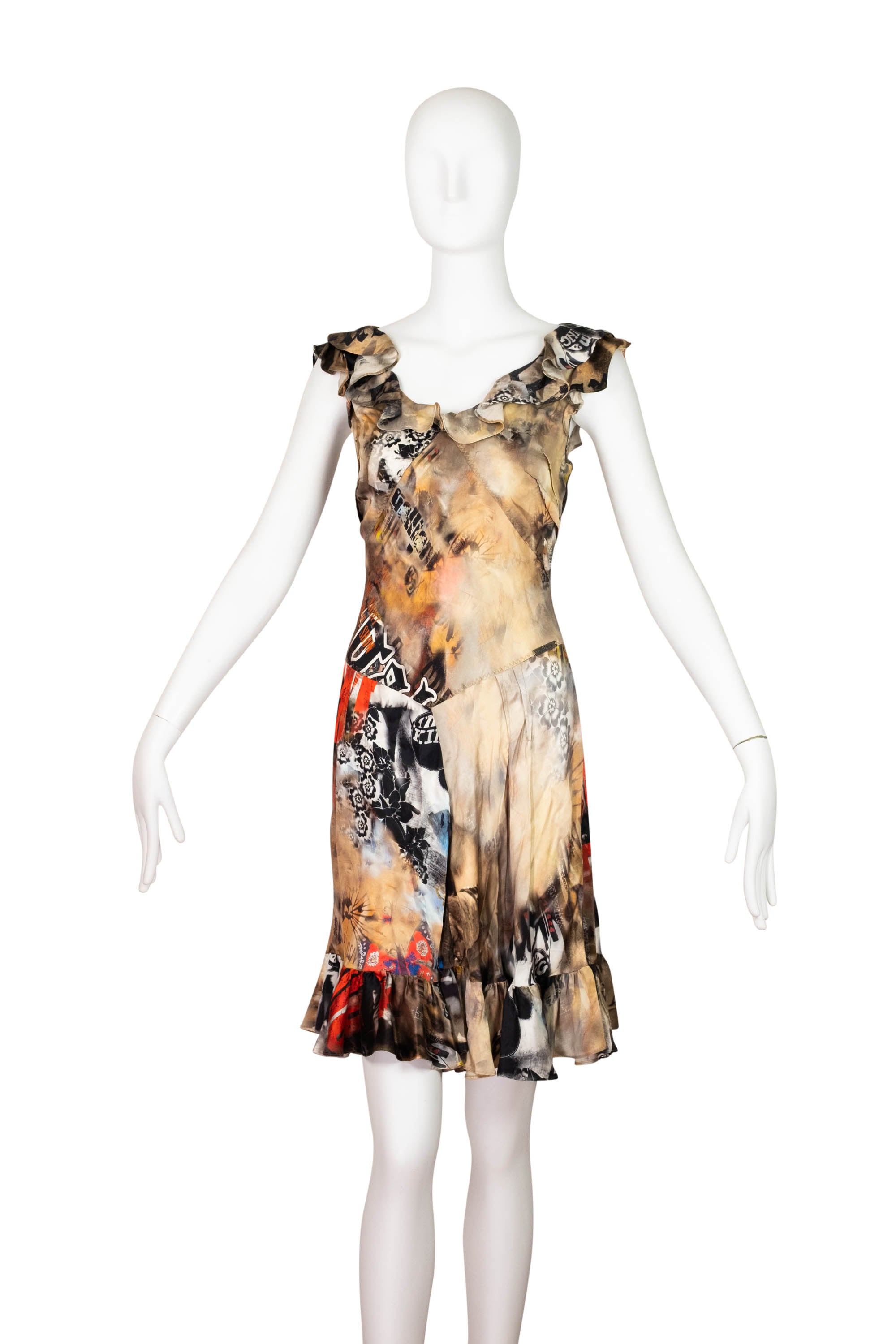 John Galliano Brown Beige I'm A King Boxer Print Silk Dress Y2k Size 40 John Galliano Brown Beige I'm A King Boxer Print Silk Dress Y2k Size 40