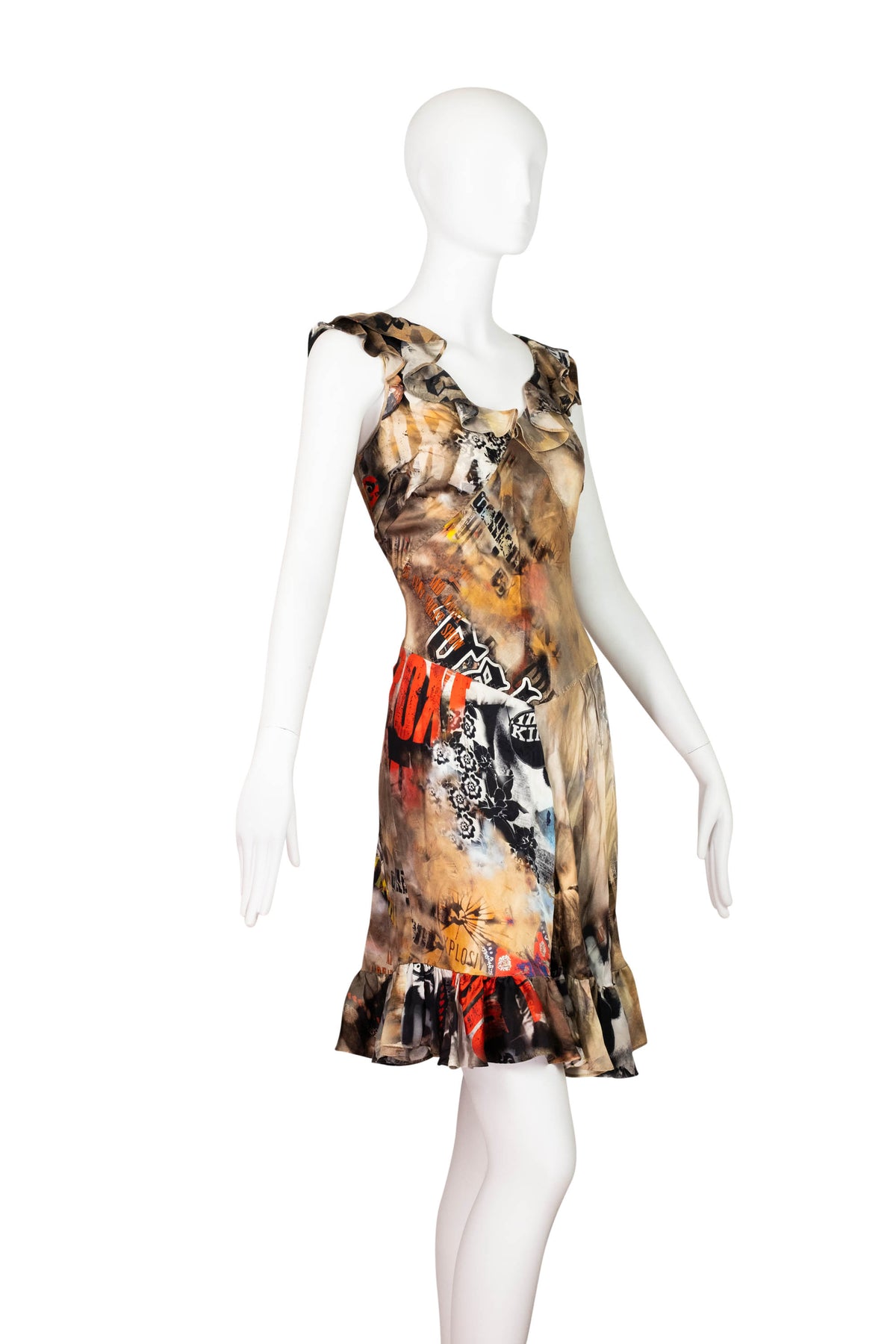John Galliano Brown Beige I&#39;m A King Boxer Print Silk Dress Y2k Size 40