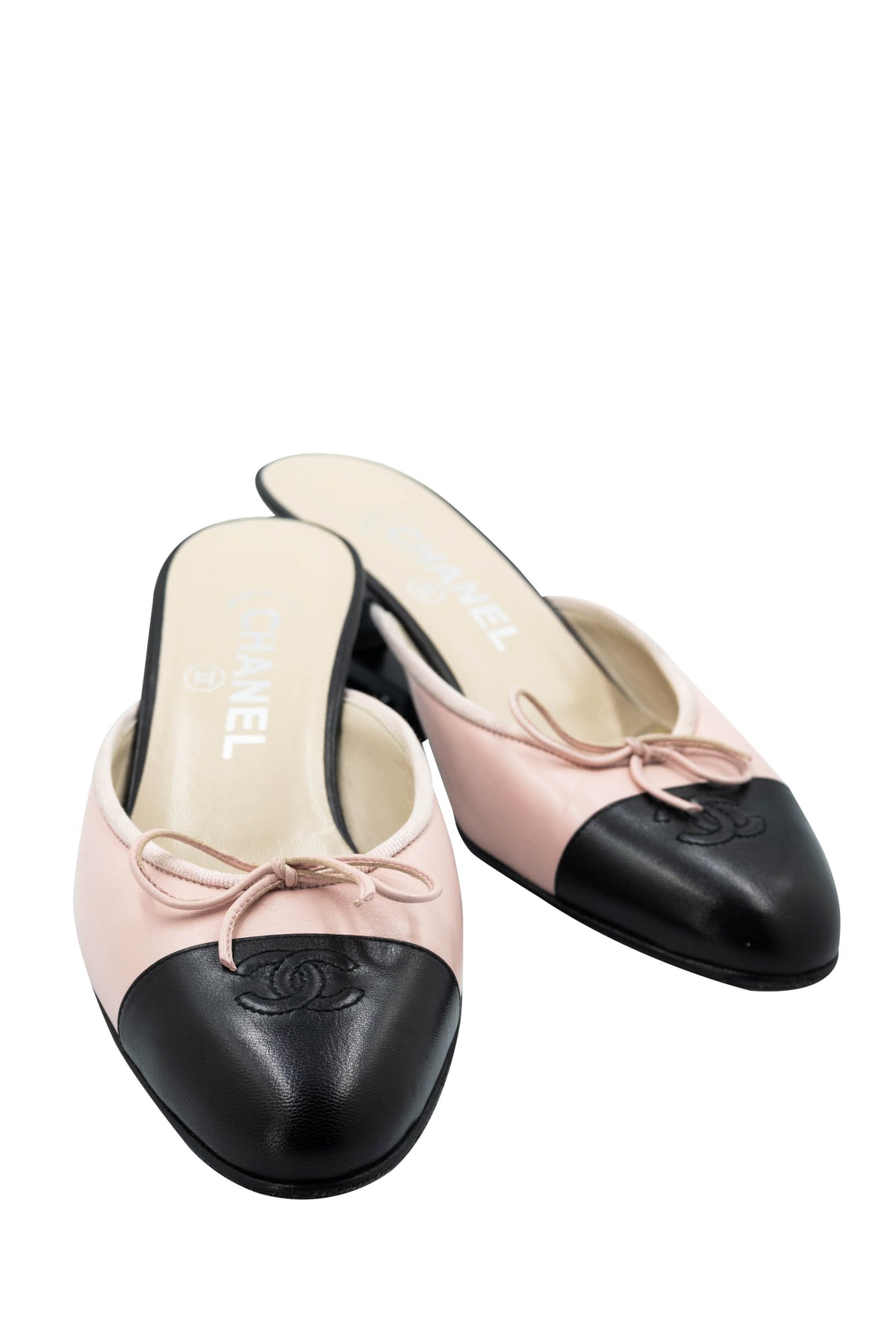 Chanel Pink Black Cap Toe Bow Ballet Kitten Heel Mules Shoes Size 37.5