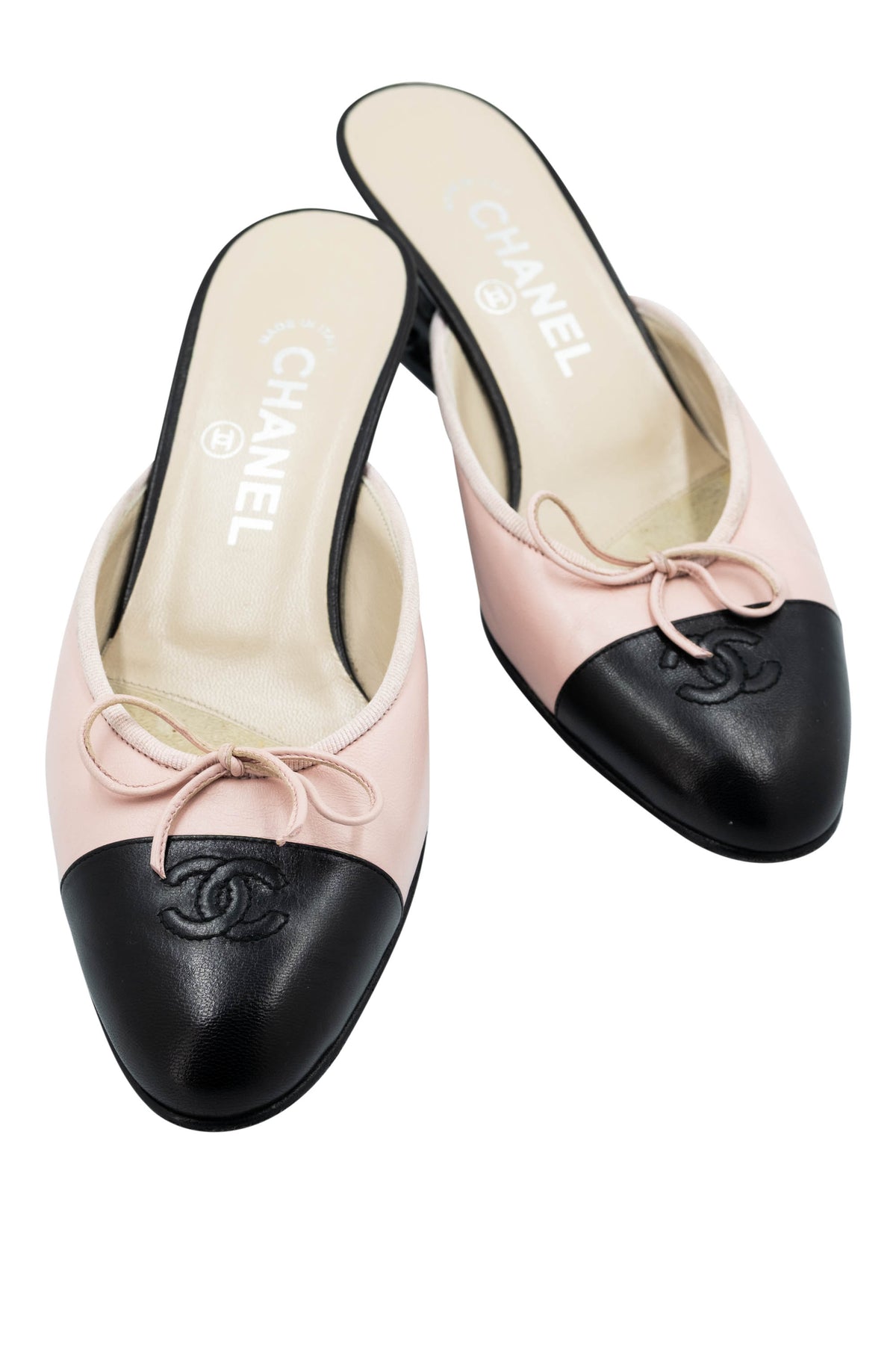 Chanel Pink Black Cap Toe Bow Ballet Kitten Heel Mules Shoes Size 37.5