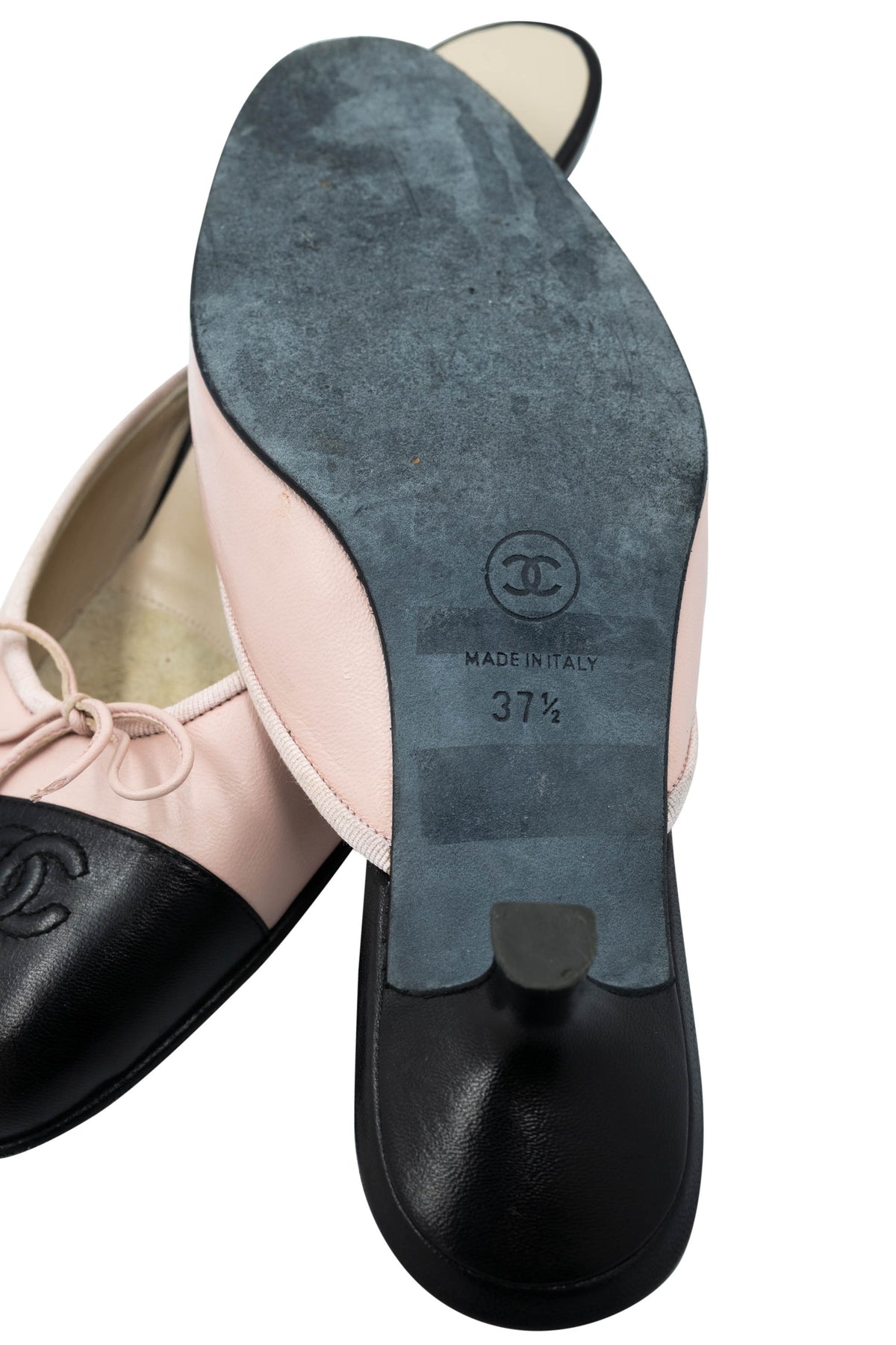 Chanel Pink Black Cap Toe Bow Ballet Kitten Heel Mules Shoes Size 37.5