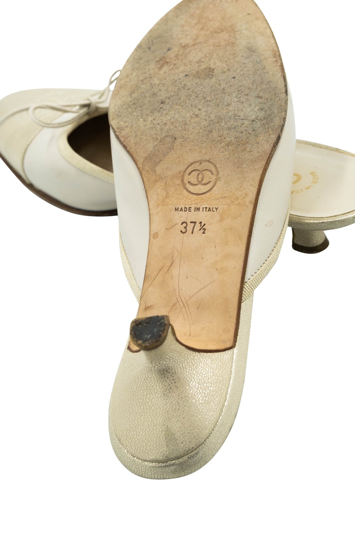 Chanel Cream Gold Cap Toe Bow Ballet Kitten Heel Mules Shoes Size 37.5