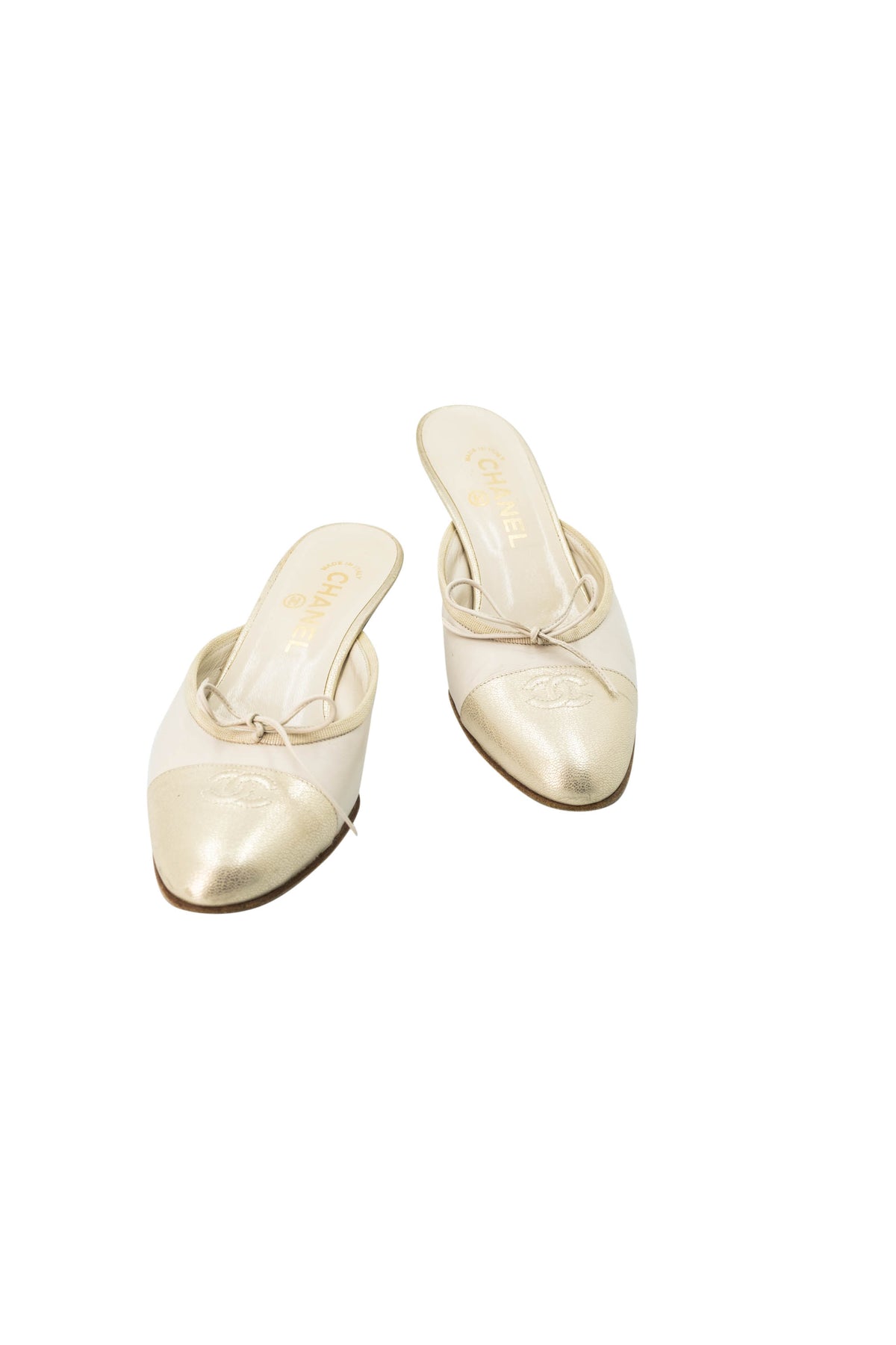 Chanel Cream Gold Cap Toe Bow Ballet Kitten Heel Mules Shoes Size 37.5