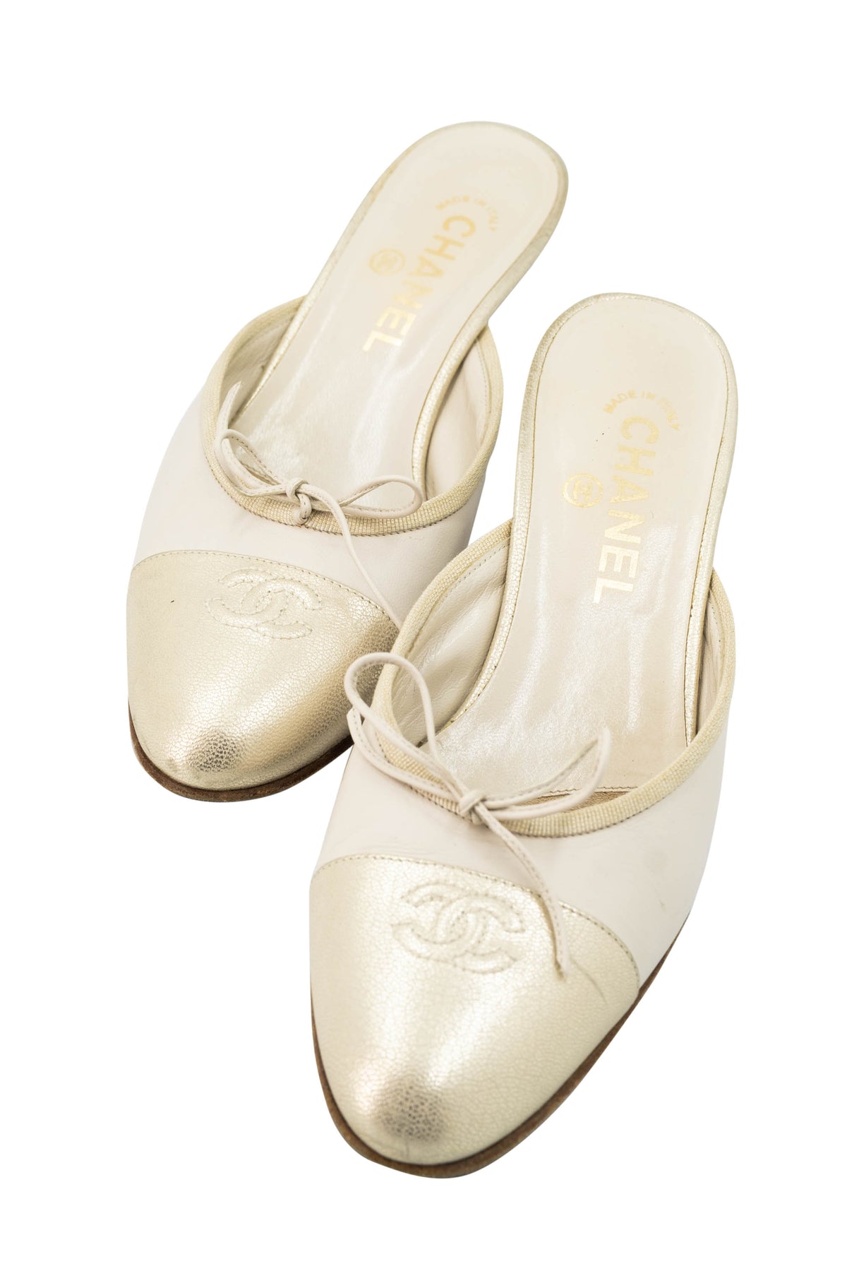 Chanel Cream Gold Cap Toe Bow Ballet Kitten Heel Mules Shoes Size 37.5