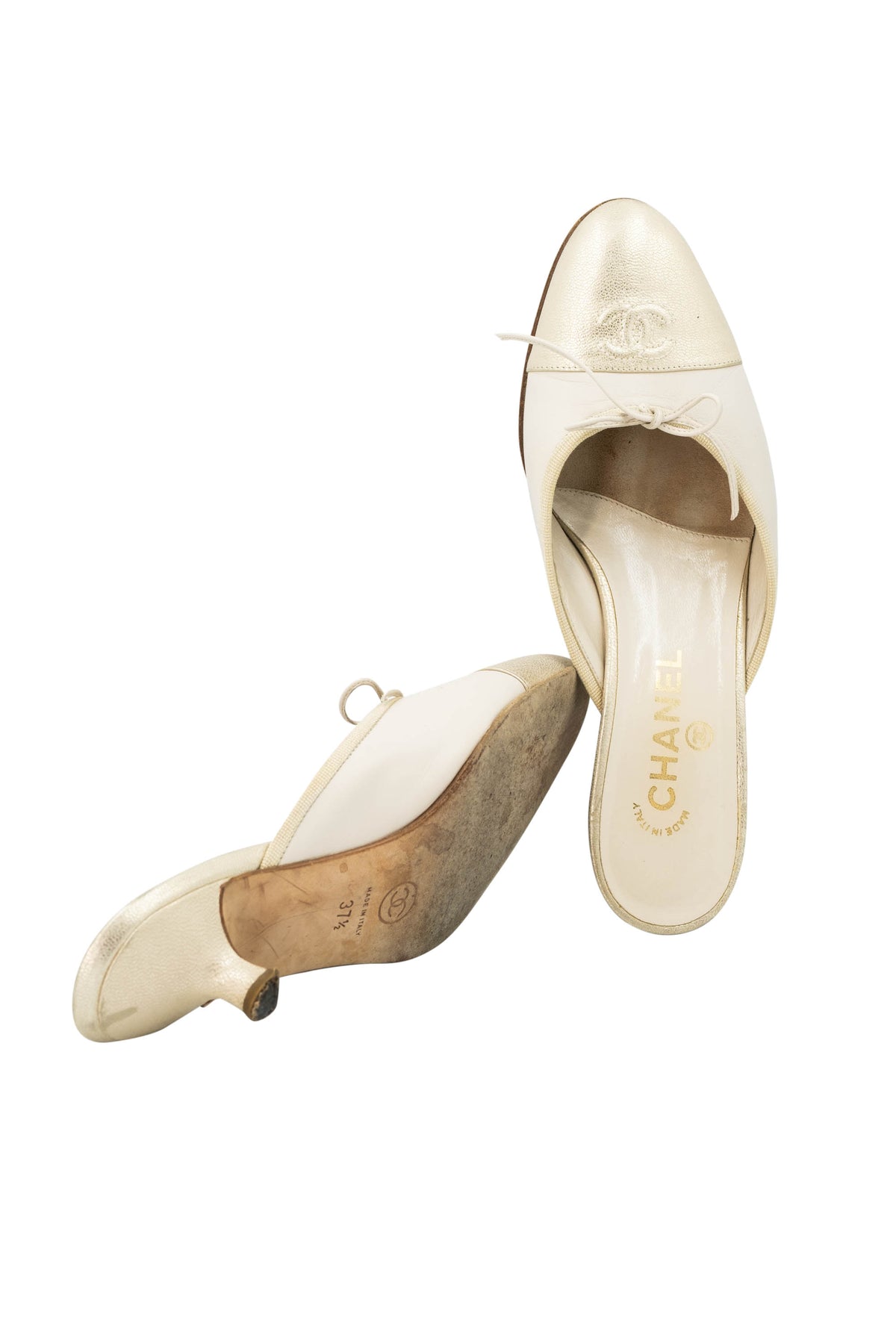 Chanel Cream Gold Cap Toe Bow Ballet Kitten Heel Mules Shoes Size 37.5