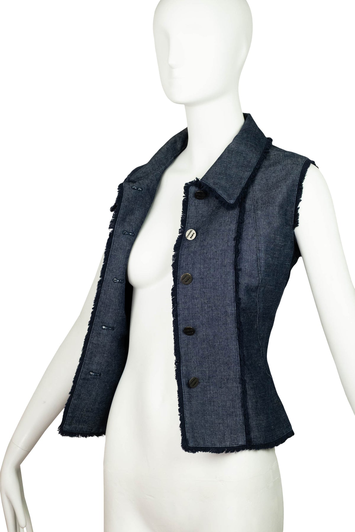 Chanel Identification Sport Line Blue Denim Fringe Trim Vest 2000 C Size 40/6