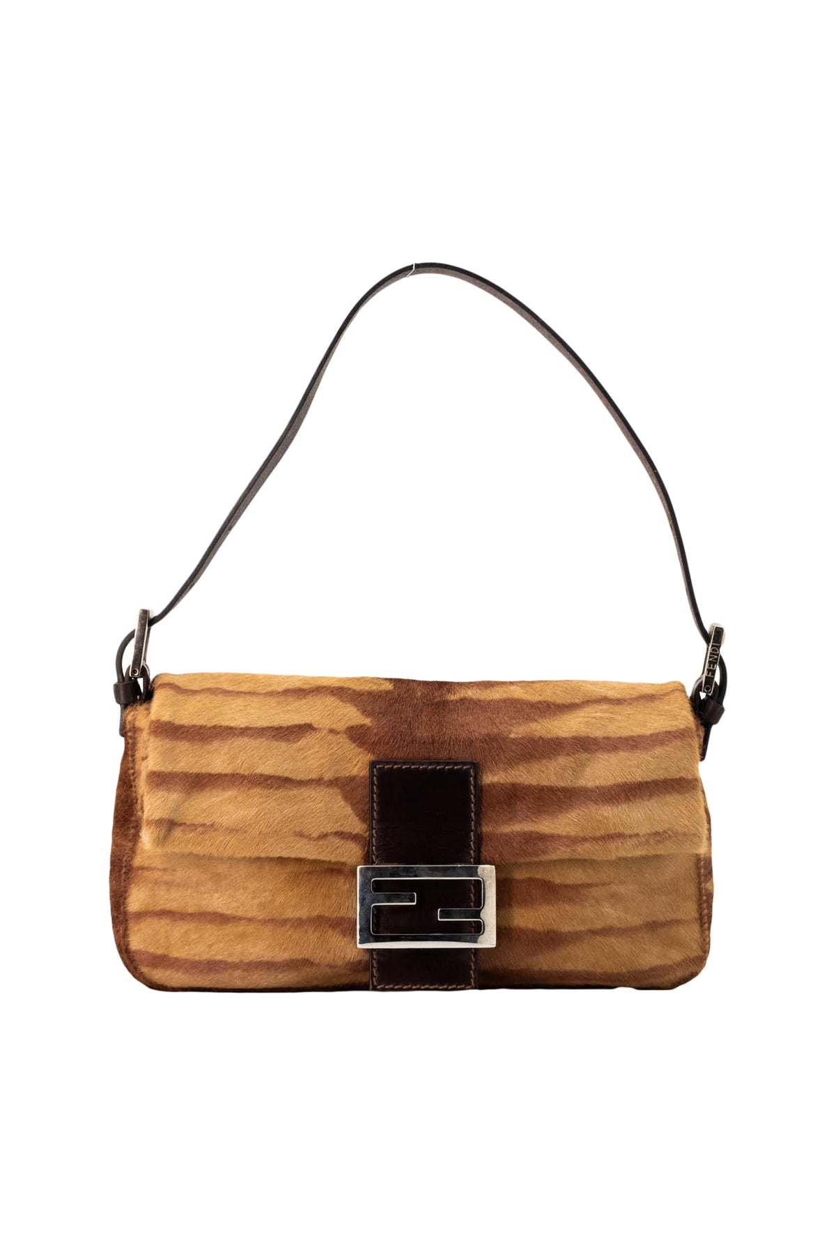 Fendi Brown Tan Zebra Print Pony Hair Y2K Baguette Purse 2000