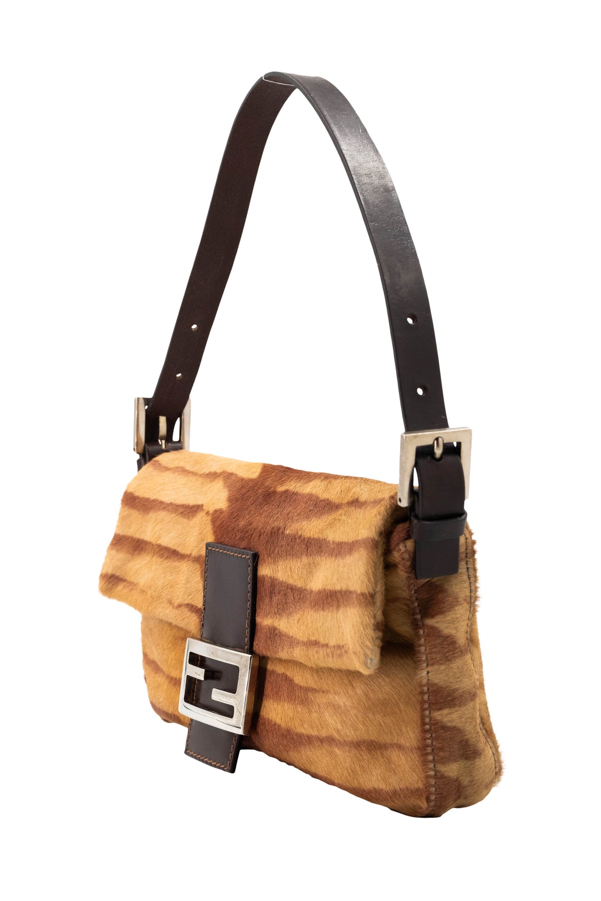 Fendi Brown Tan Zebra Print Pony Hair Y2K Baguette Purse 2000