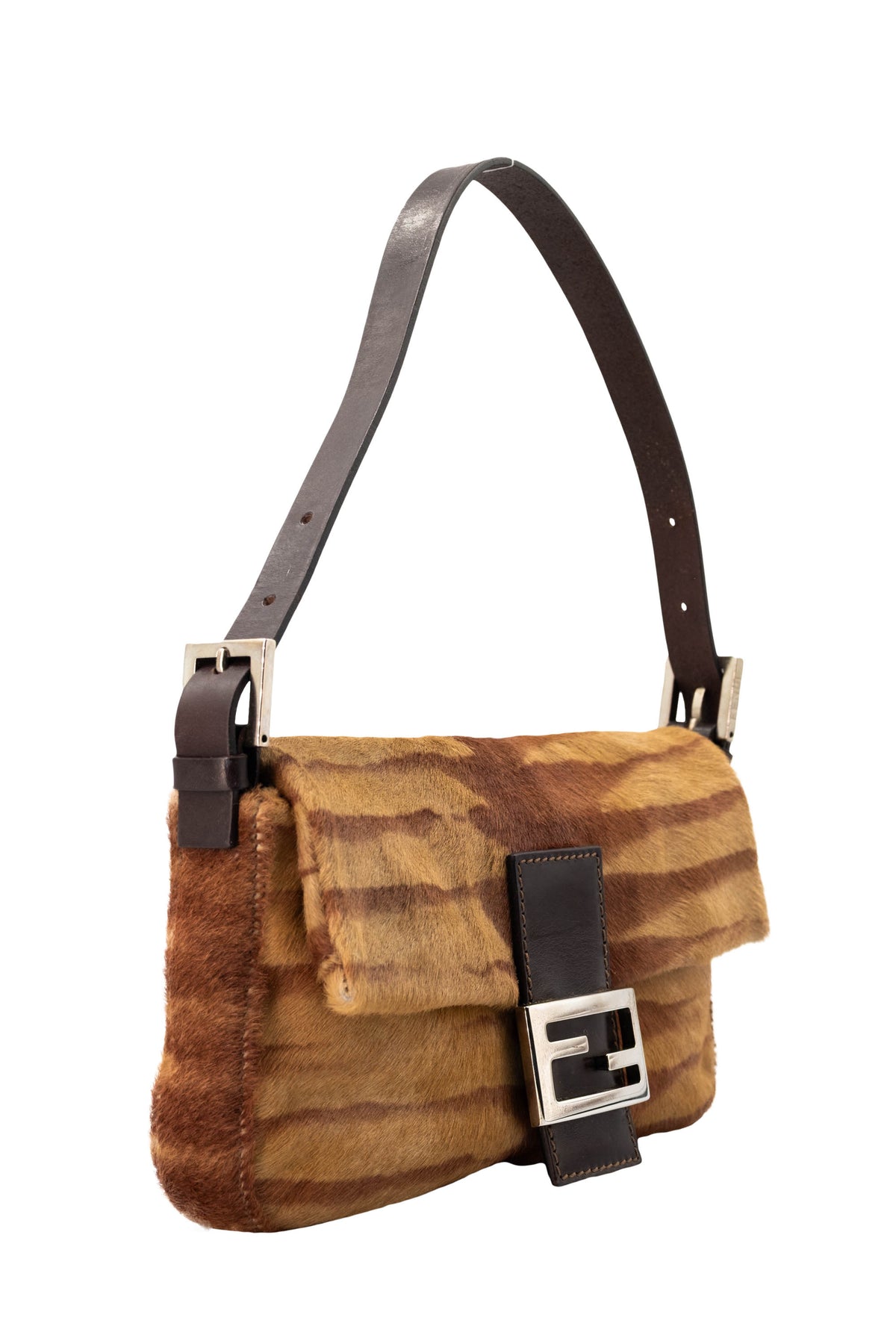 Fendi Brown Tan Zebra Print Pony Hair Y2K Baguette Purse 2000