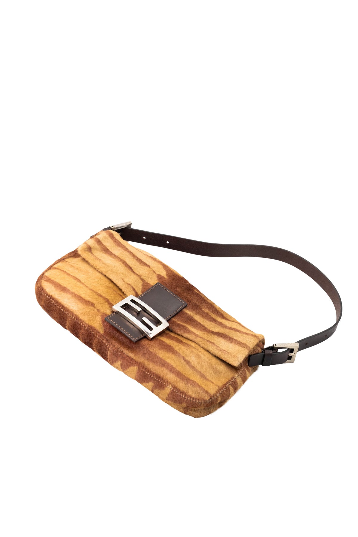 Fendi Brown Tan Zebra Print Pony Hair Y2K Baguette Purse 2000