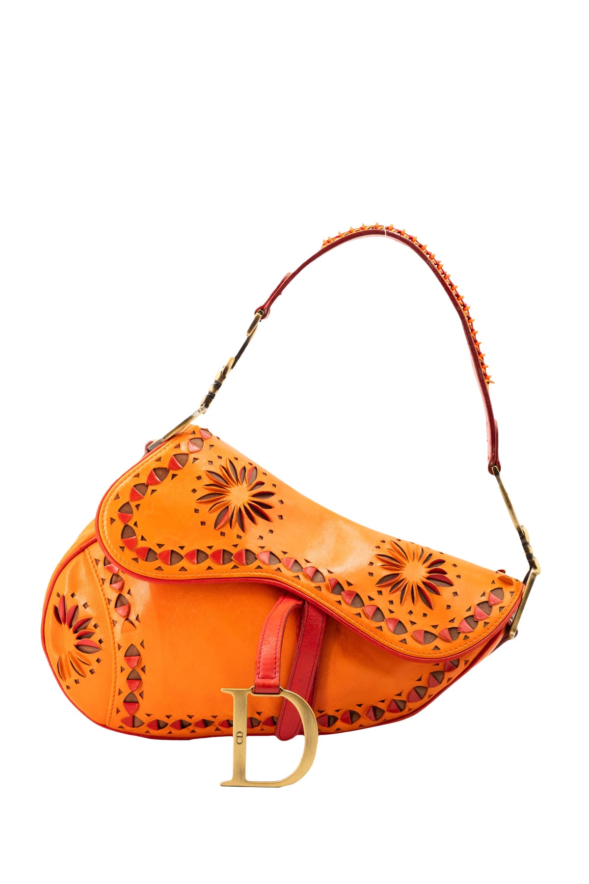 Christian Dior Galliano Orange Laser Cut Leather Saddle Bag 2002 Size M