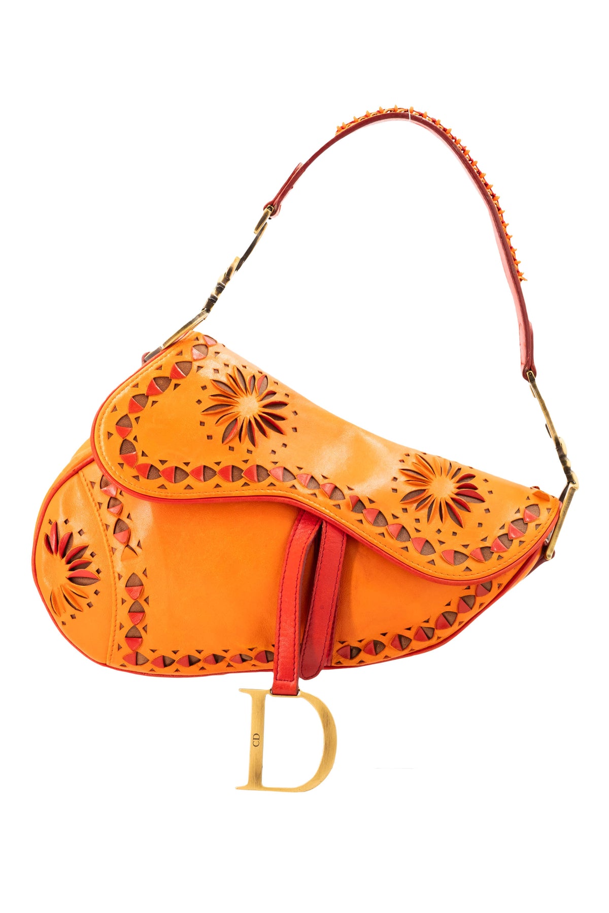 Christian Dior Galliano Orange Laser Cut Leather Saddle Bag 2002 Size M