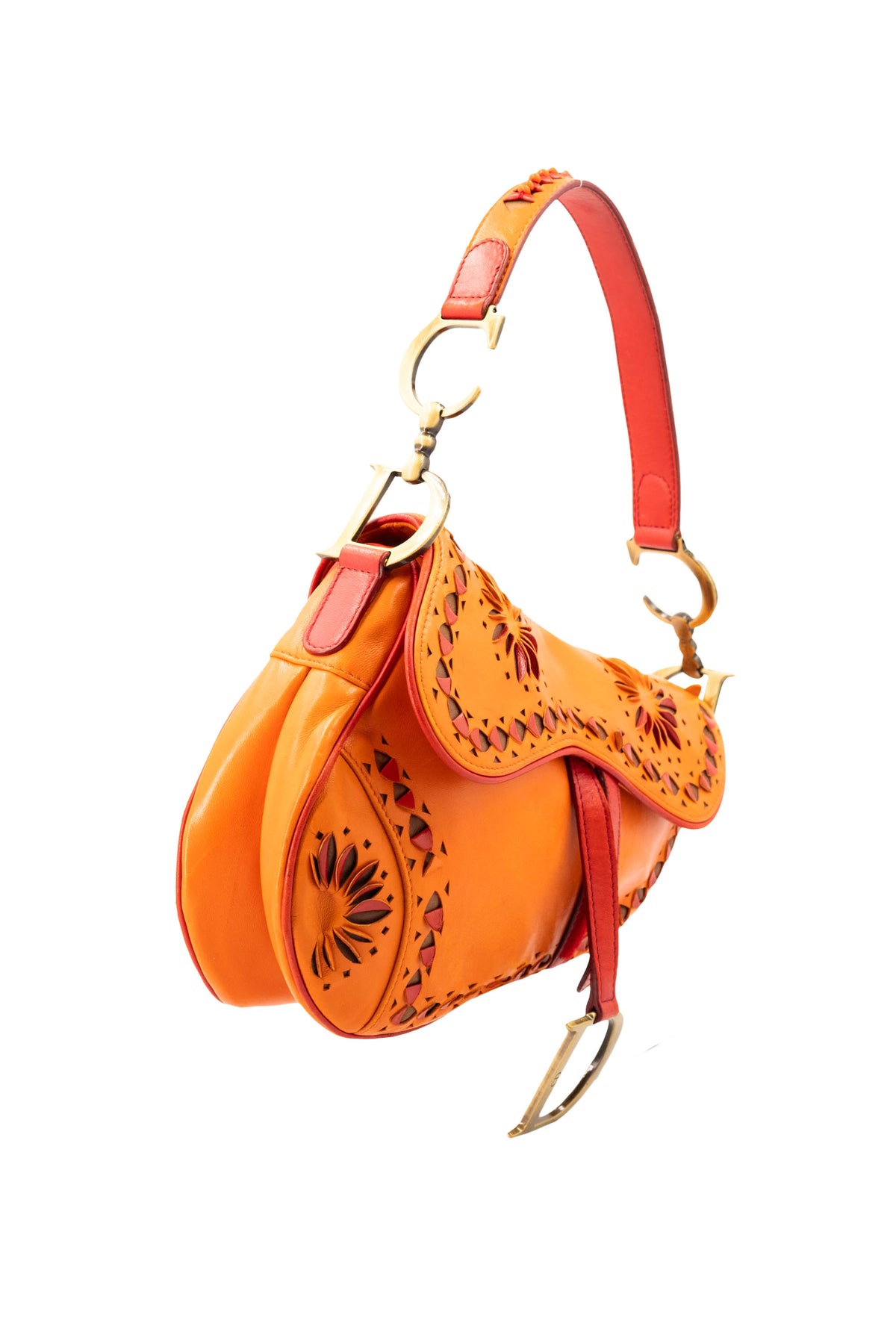 Christian Dior Galliano Orange Laser Cut Leather Saddle Bag 2002 Size M