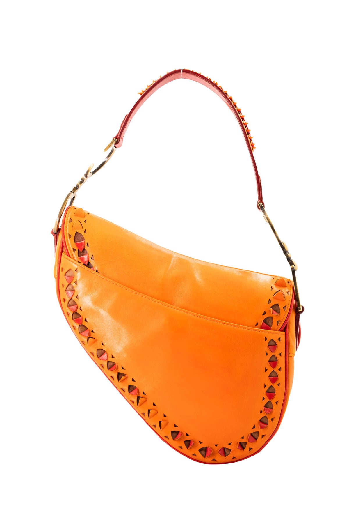 Christian Dior Galliano Orange Laser Cut Leather Saddle Bag 2002 Size M