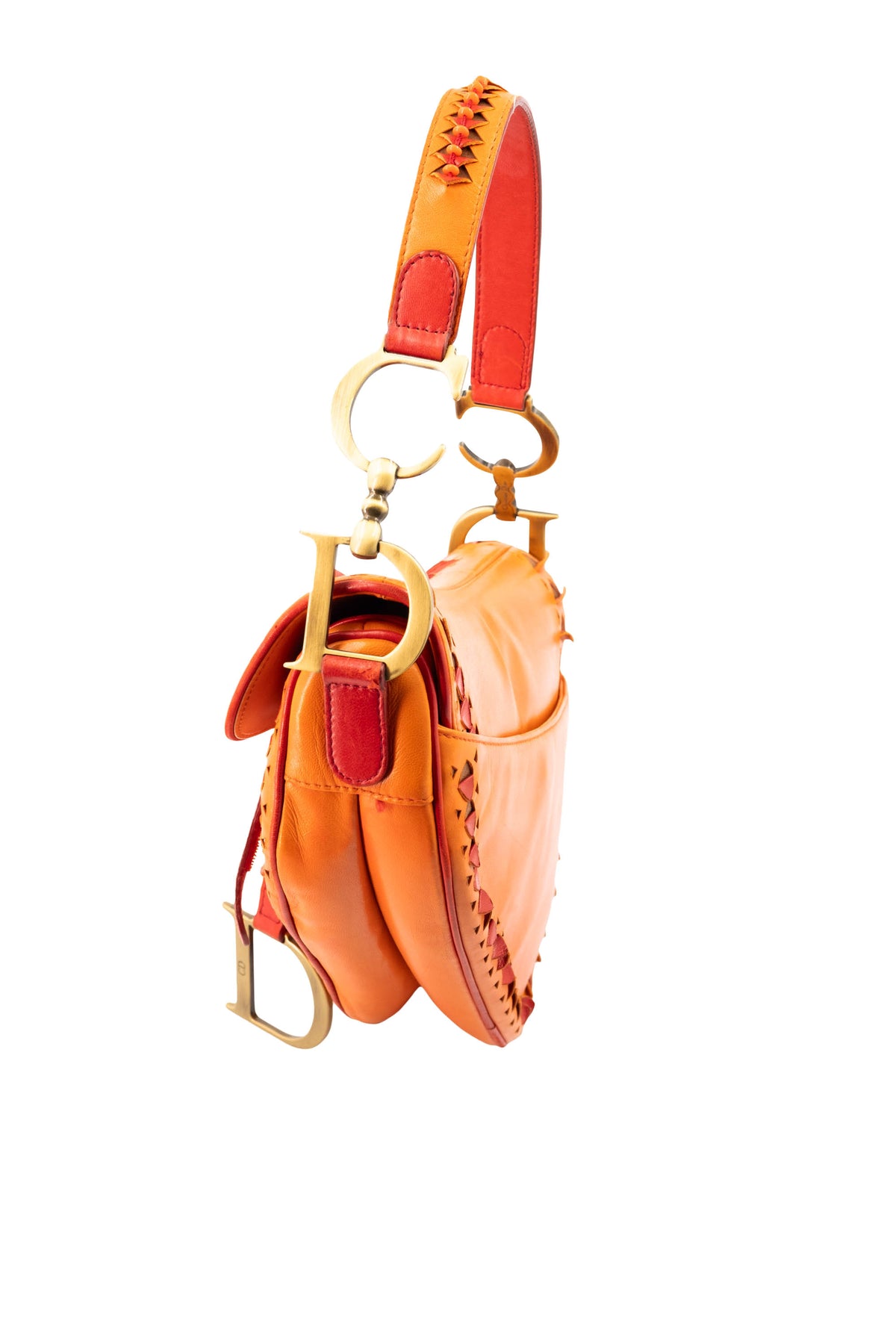 Christian Dior Galliano Orange Laser Cut Leather Saddle Bag 2002 Size M